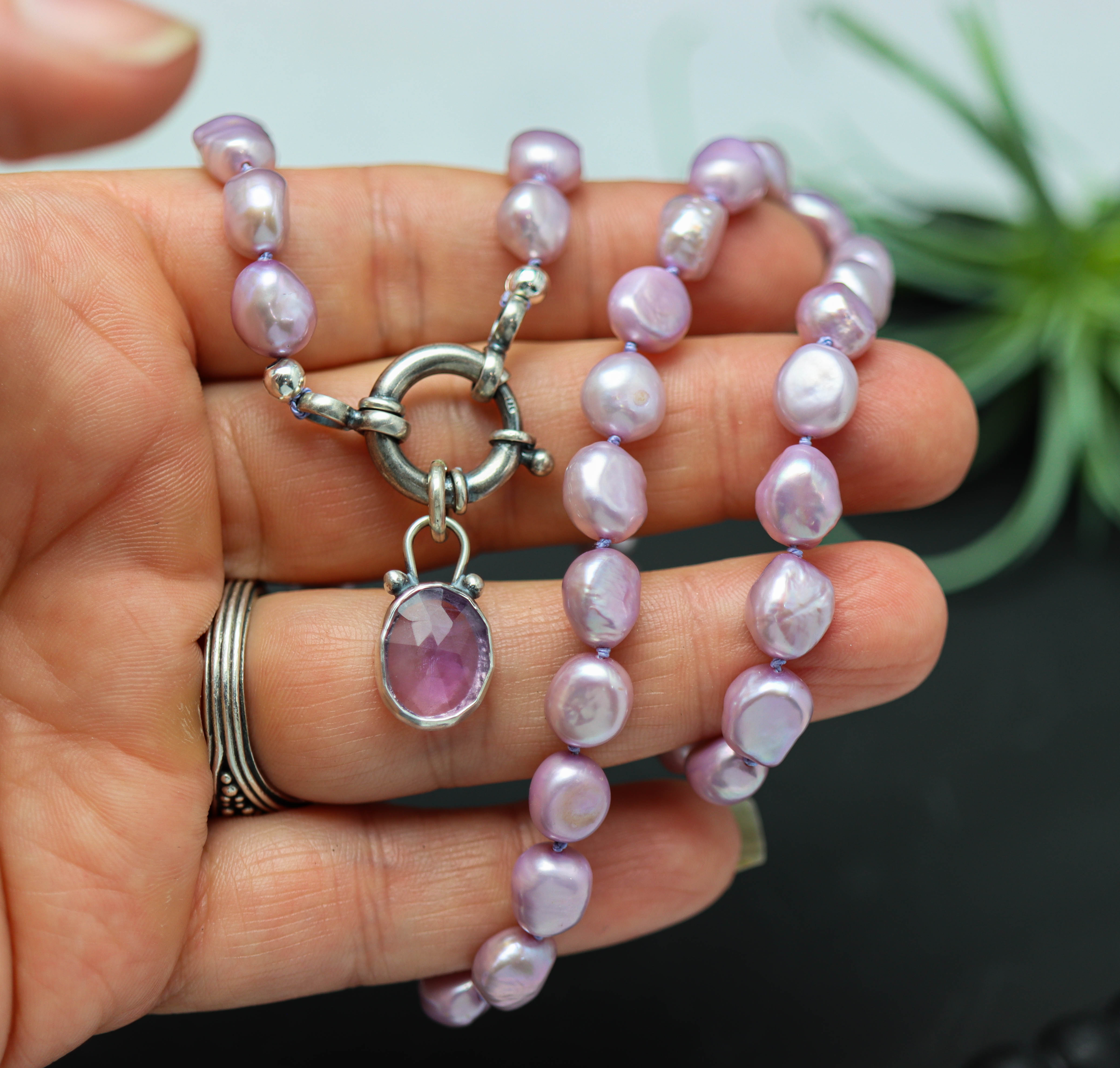 Purple Freshwater Pearl and Amethyst Pendant Hand Knotted Bead Necklace Sterling Silver