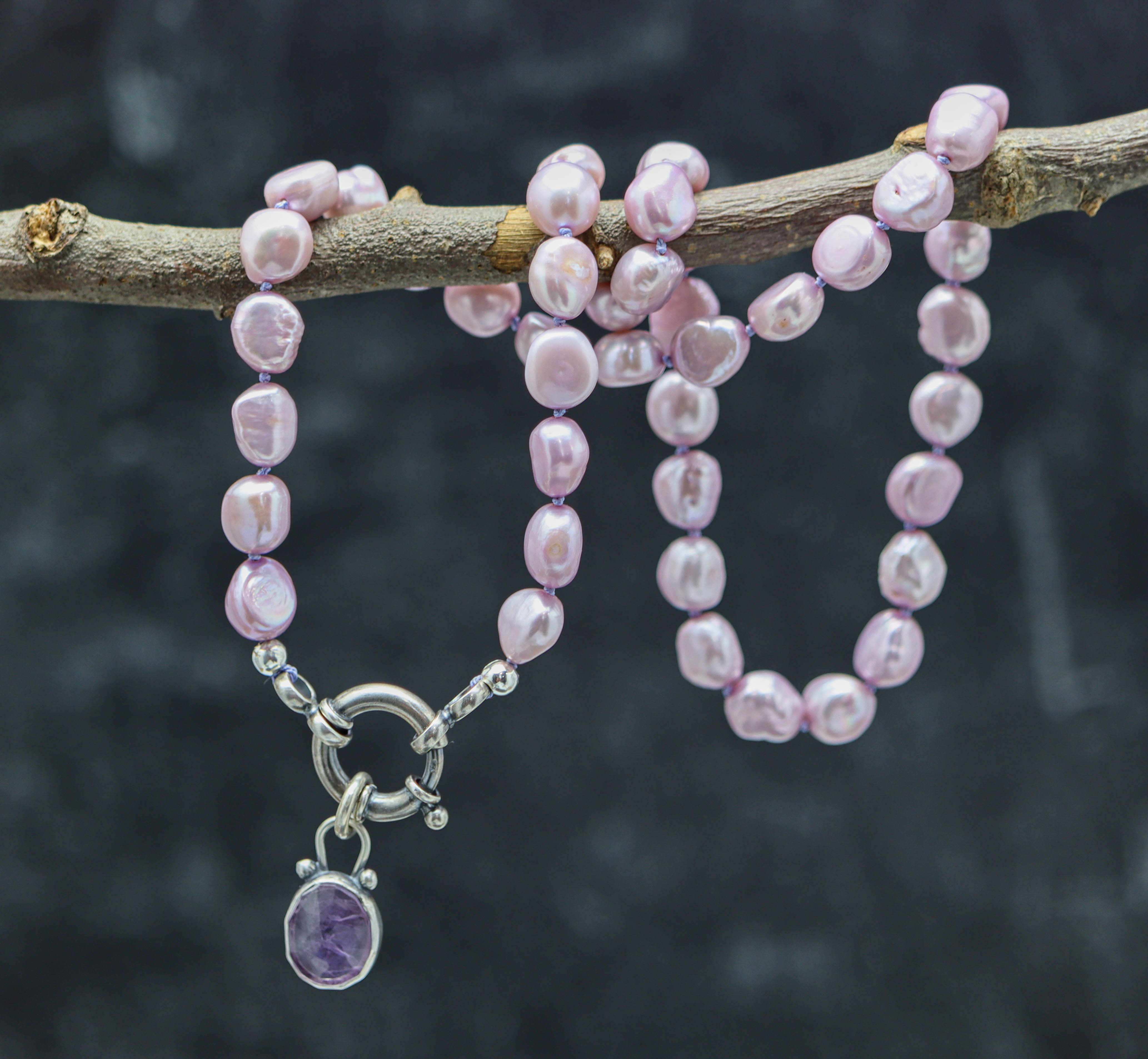 Purple Freshwater Pearl and Amethyst Pendant Hand Knotted Bead Necklace Sterling Silver