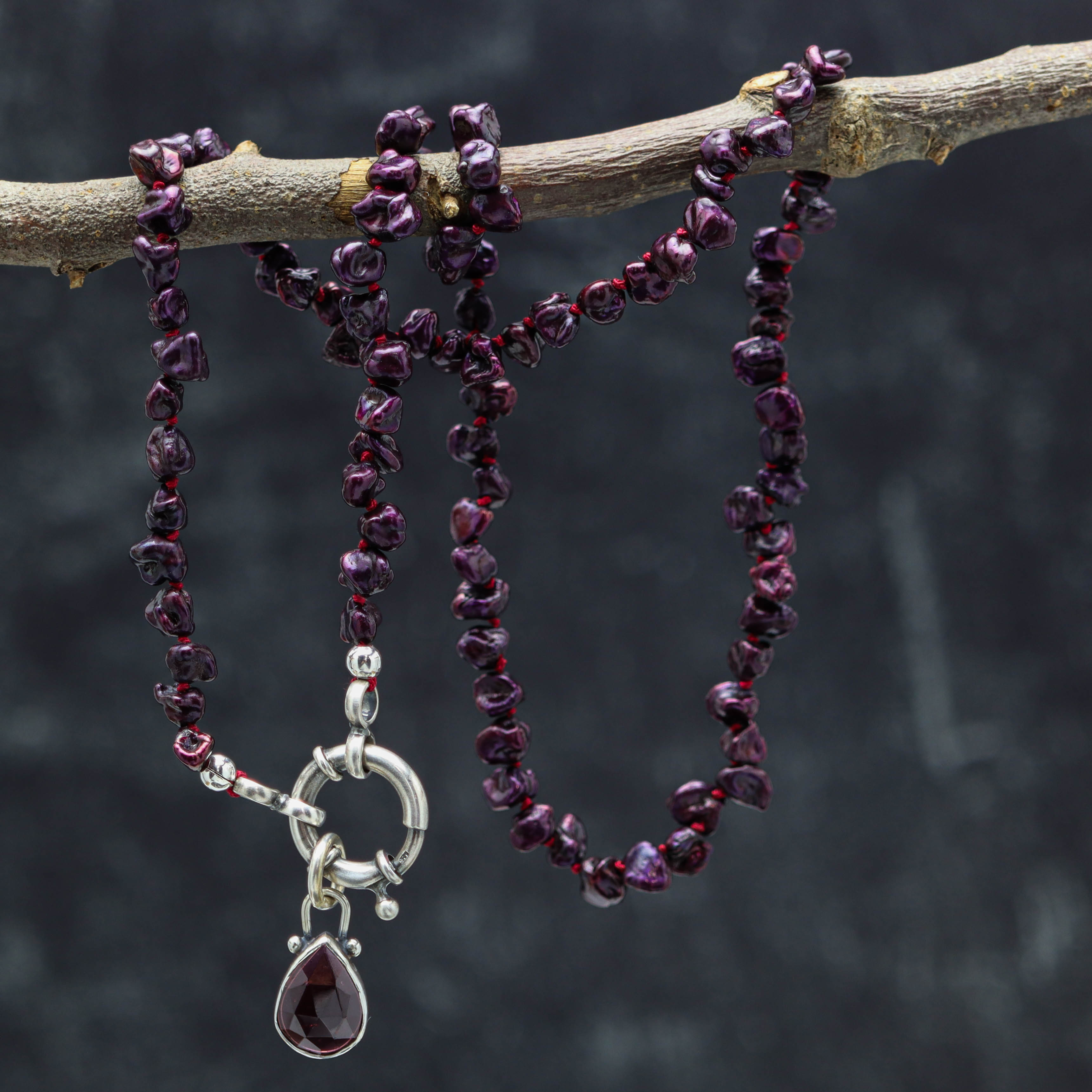 Burgundy Freshwater Pearl and Garnet Pendant Hand Knotted Bead Necklace Sterling Silver