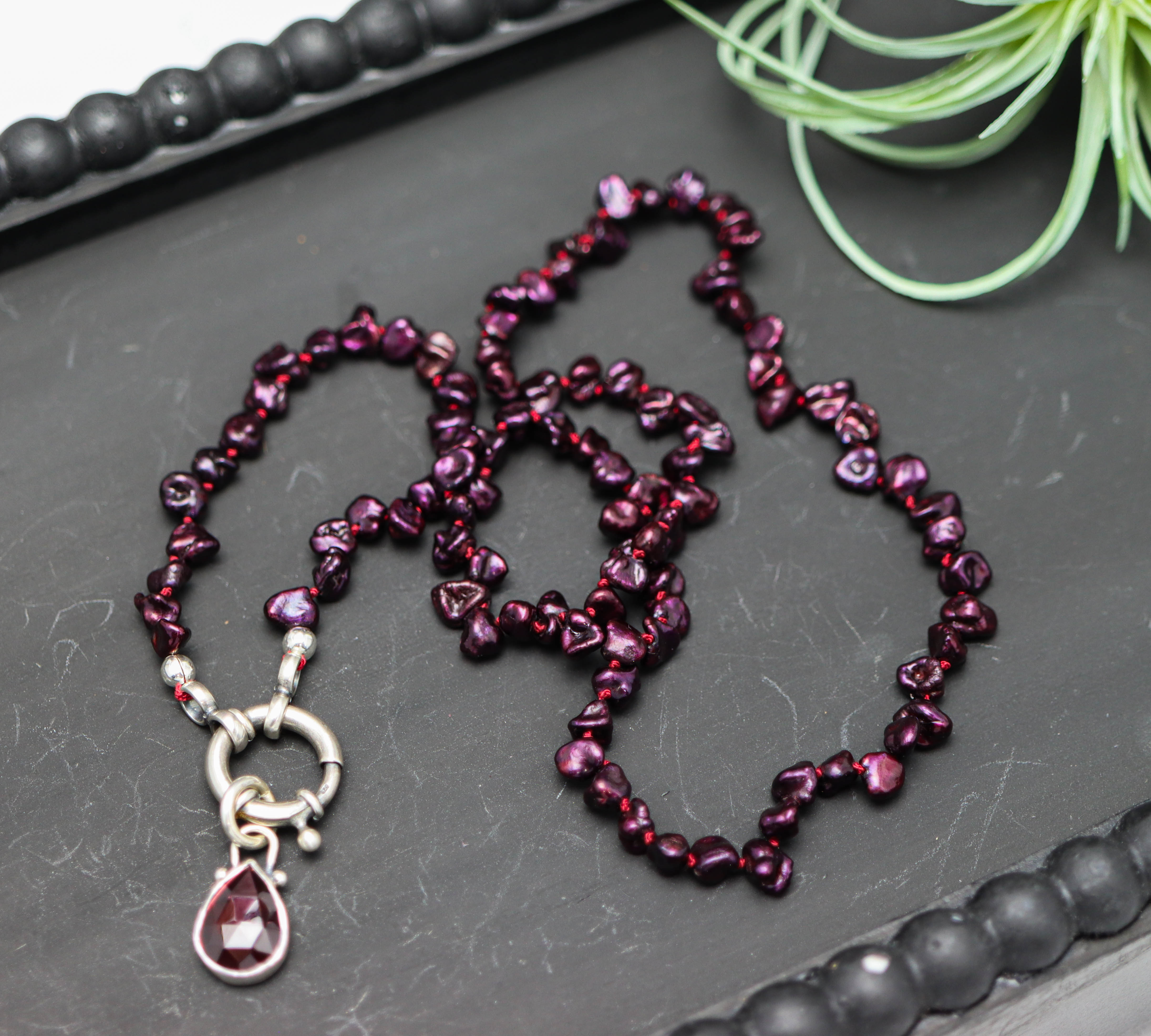 Burgundy Freshwater Pearl and Garnet Pendant Hand Knotted Bead Necklace Sterling Silver