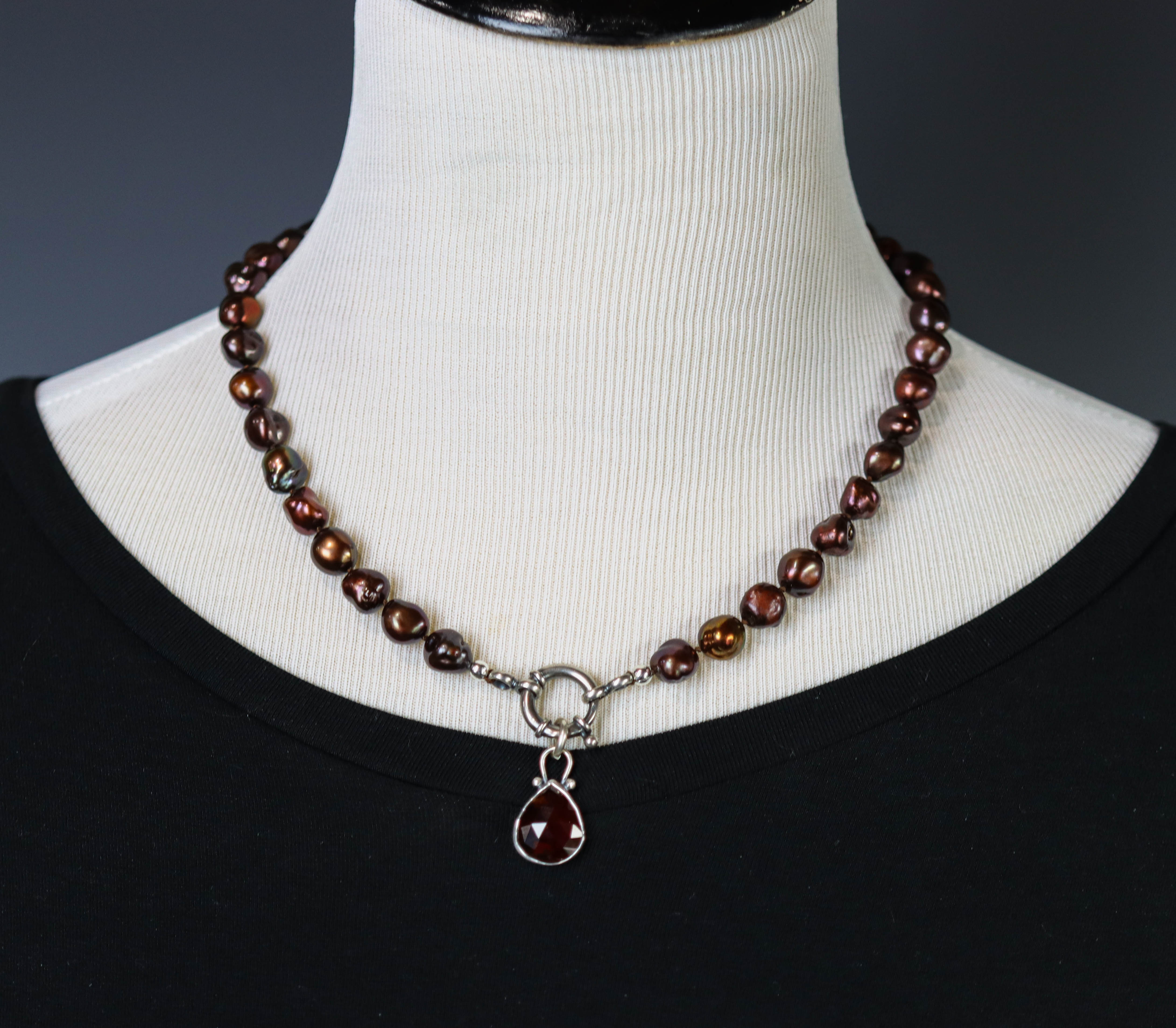 Chocolate Freshwater Pearl and Garnet Pendant Hand Knotted Bead Necklace Sterling Silver