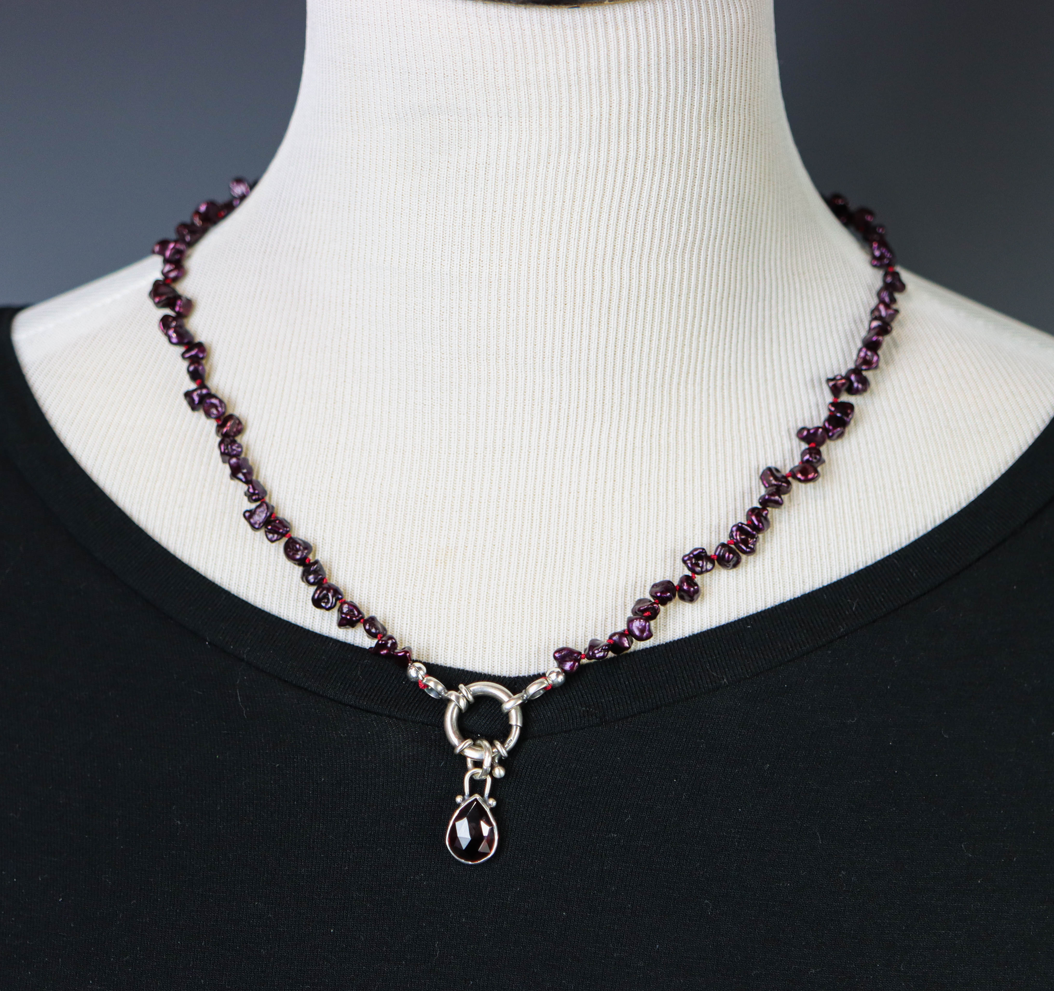 Burgundy Freshwater Pearl and Garnet Pendant Hand Knotted Bead Necklace Sterling Silver