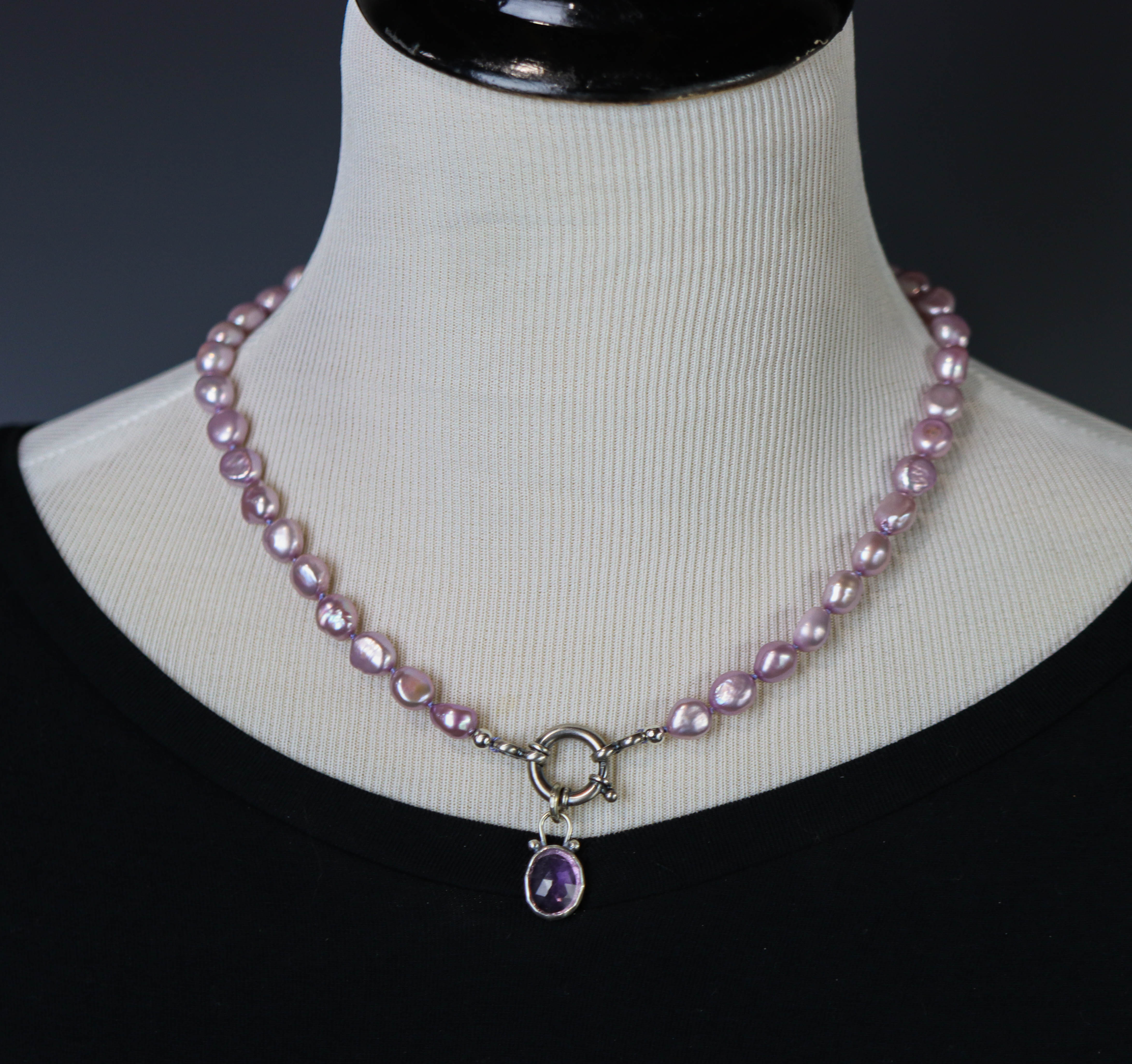 Purple Freshwater Pearl and Amethyst Pendant Hand Knotted Bead Necklace Sterling Silver