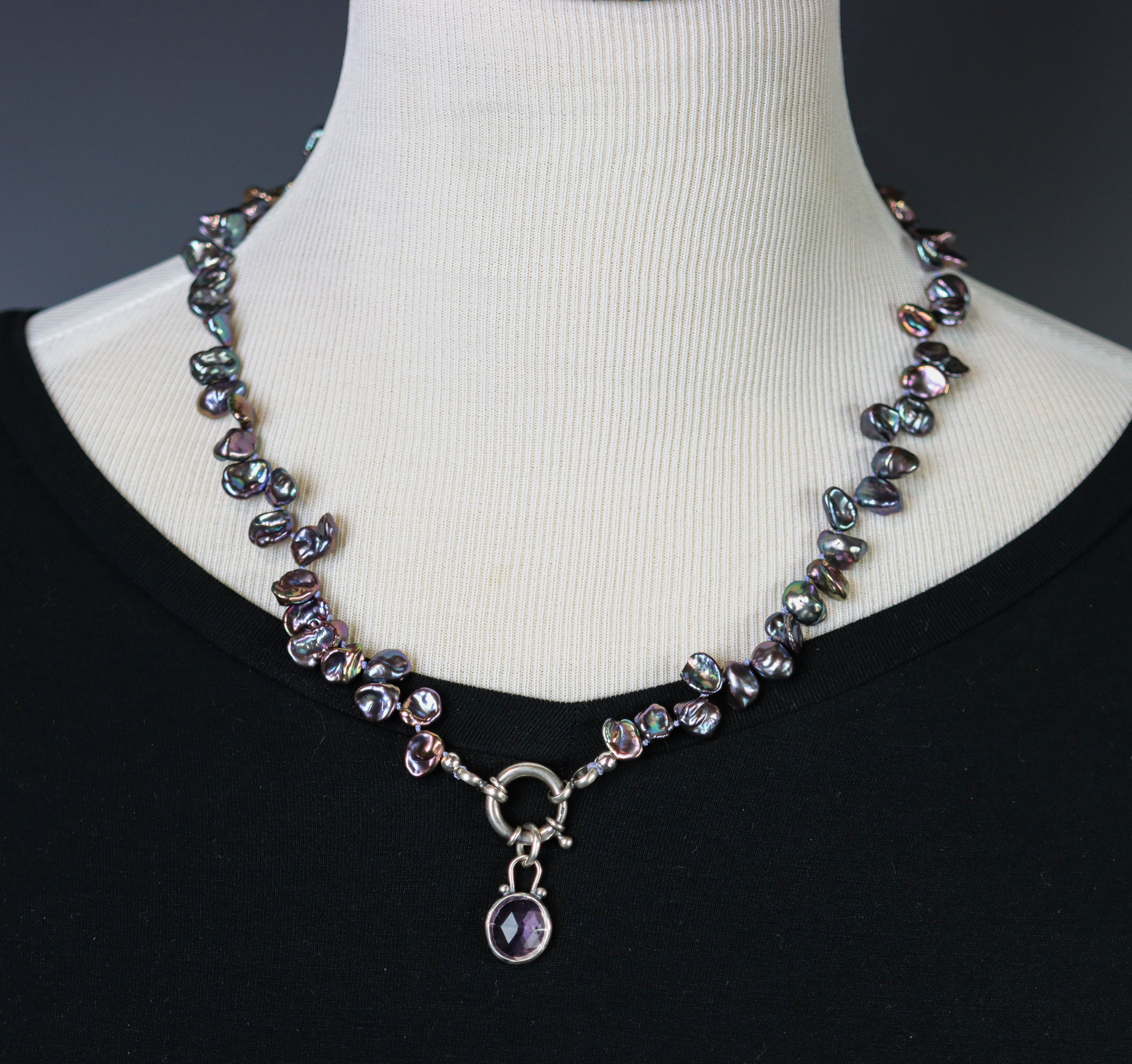 Peacock Freshwater Pearl and Amethyst Pendant Hand Knotted Bead Necklace Sterling Silver