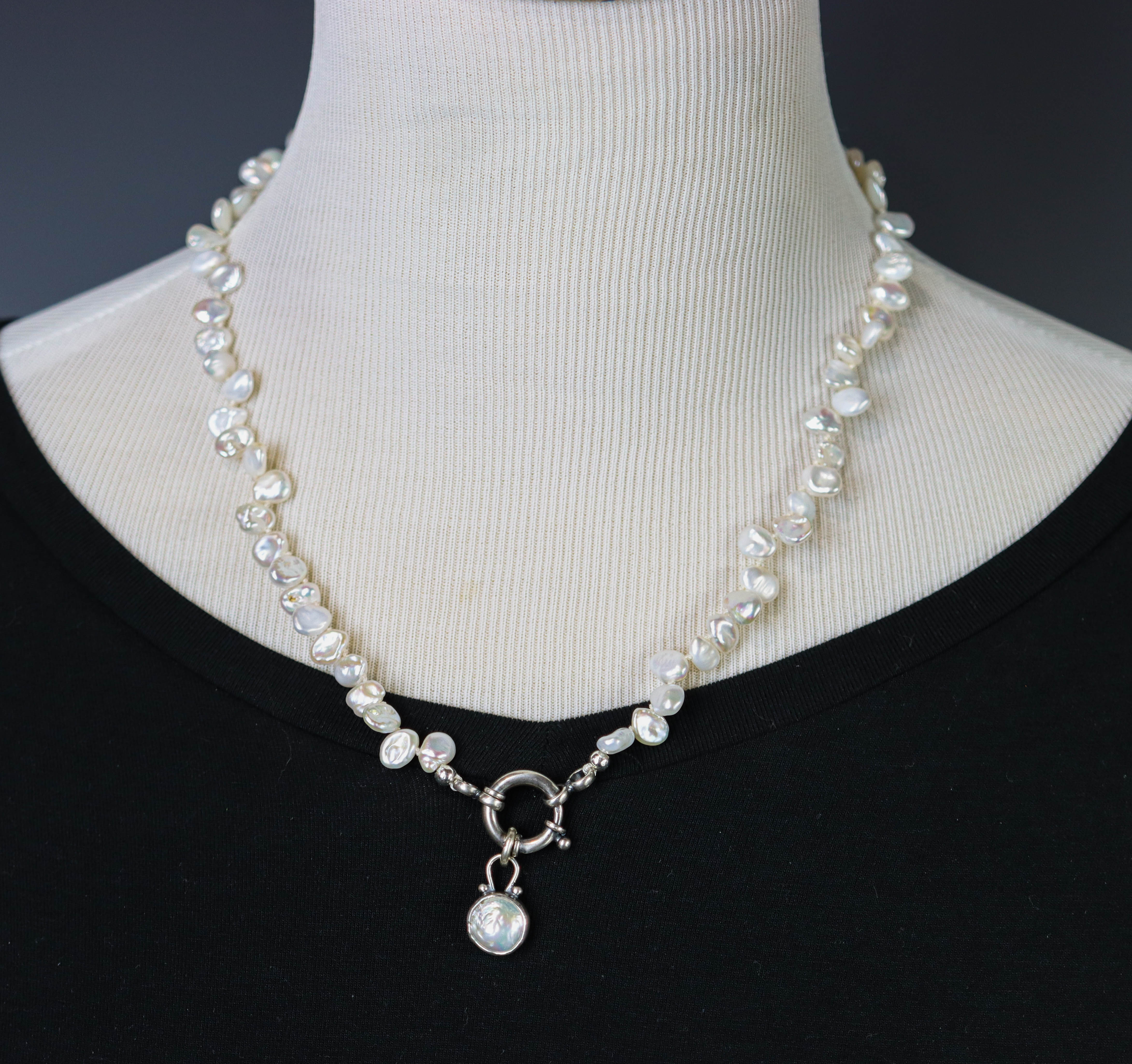 White Freshwater Pearl and Pearl Pendant Hand Knotted Bead Necklace Sterling Silver