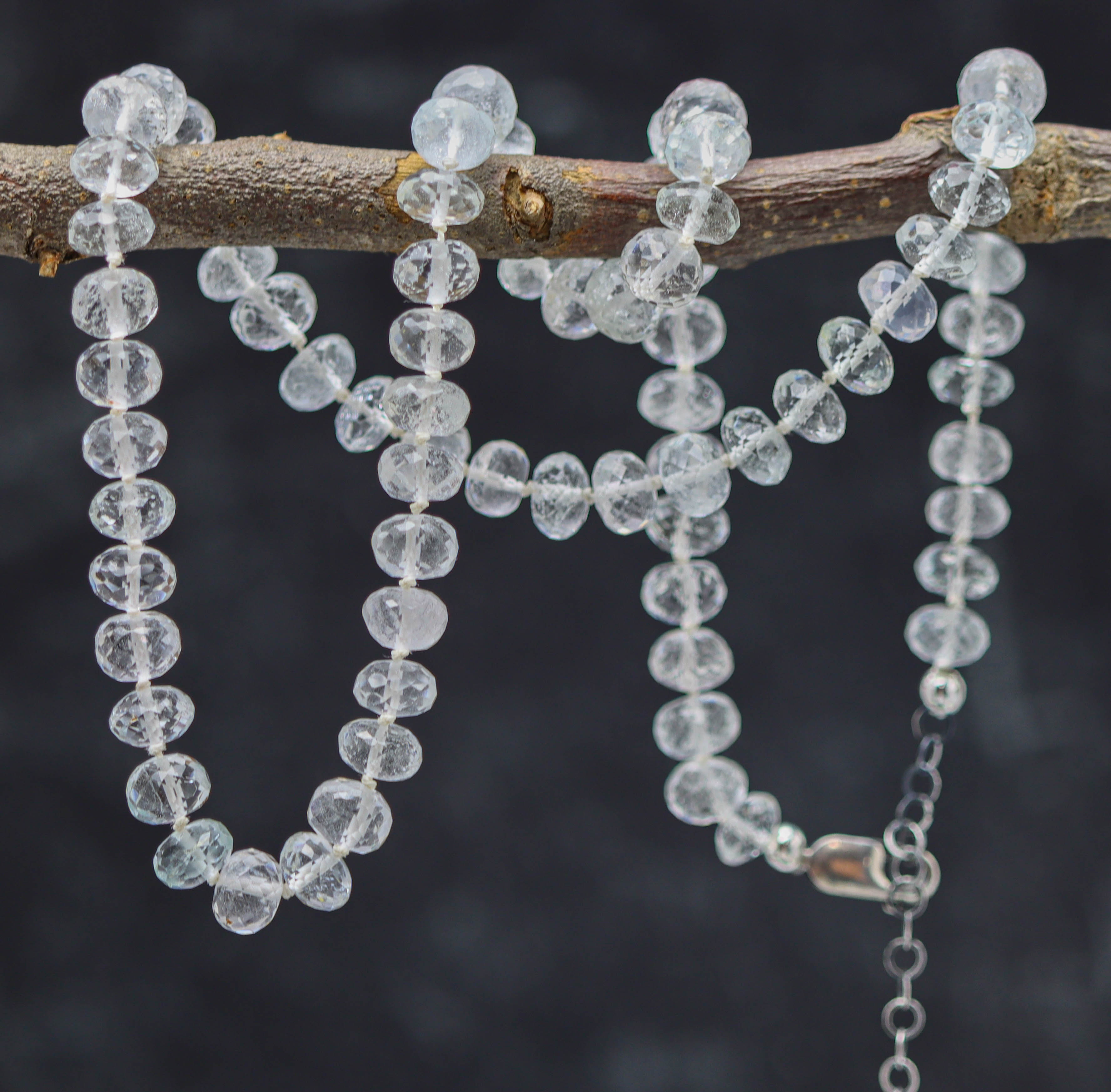 White Topaz Hand Knotted Bead Necklace Sterling Silver
