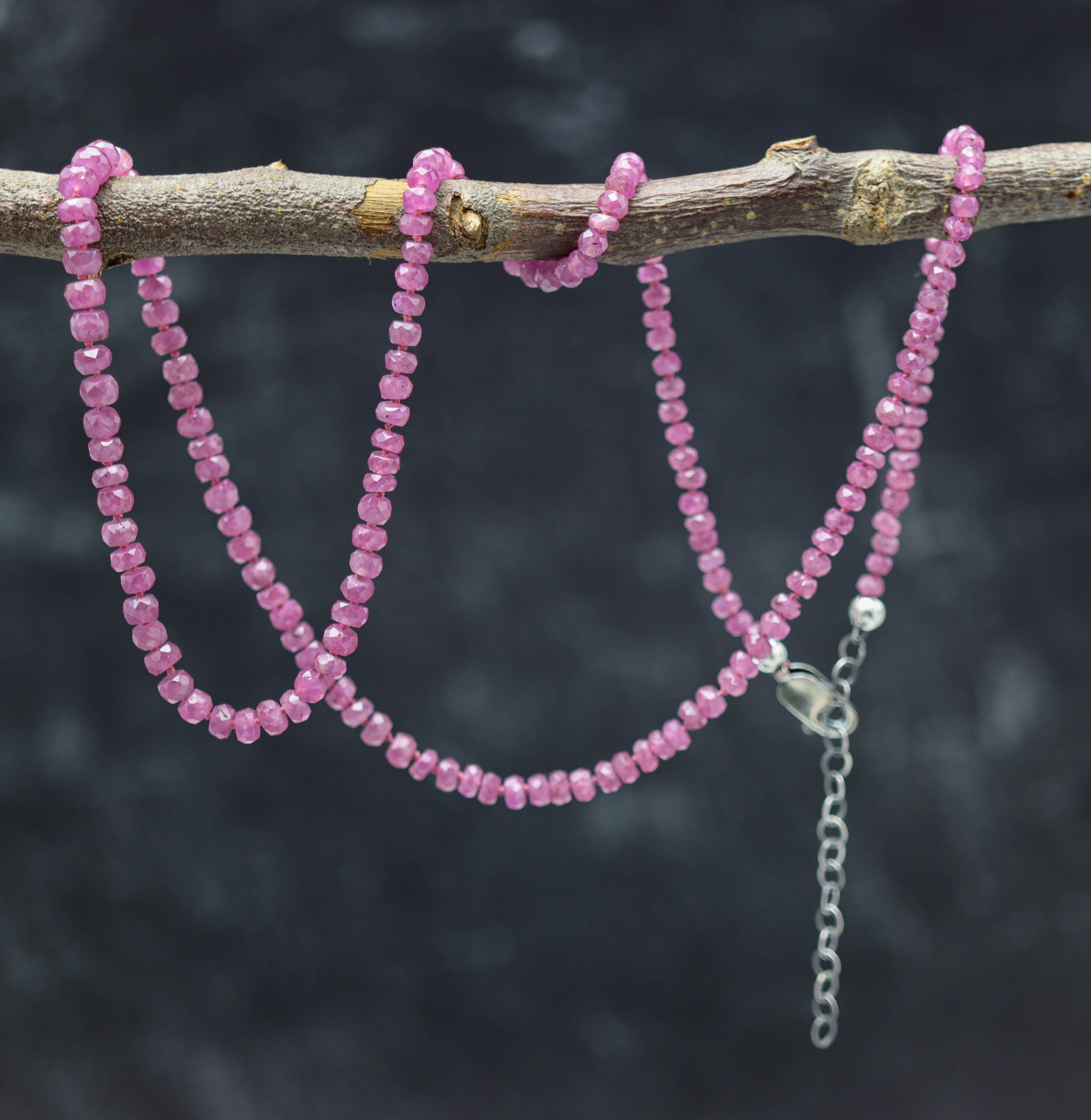 Ruby Hand Knotted Bead Necklace Sterling Silver