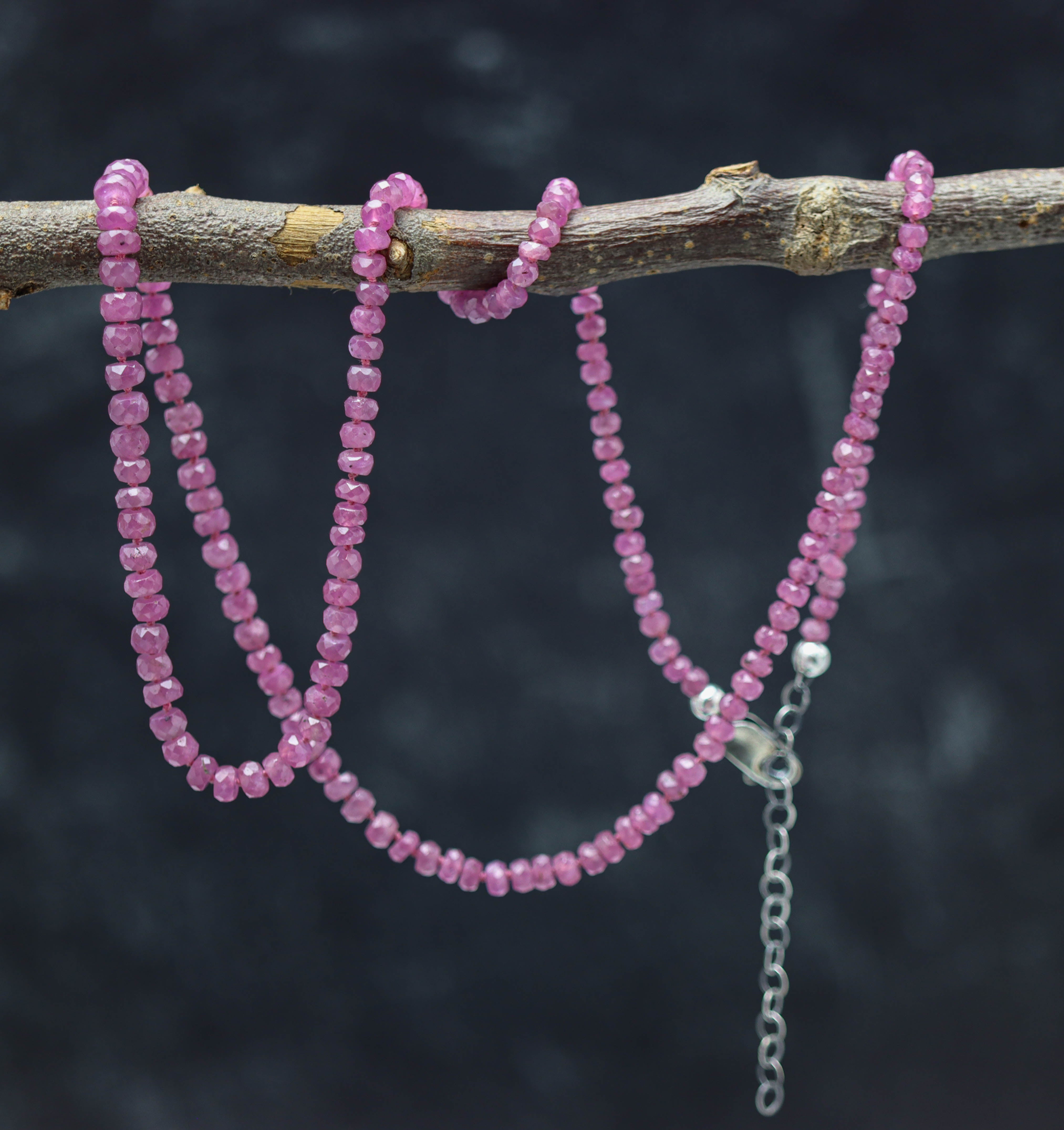 Ruby Hand Knotted Bead Necklace Sterling Silver