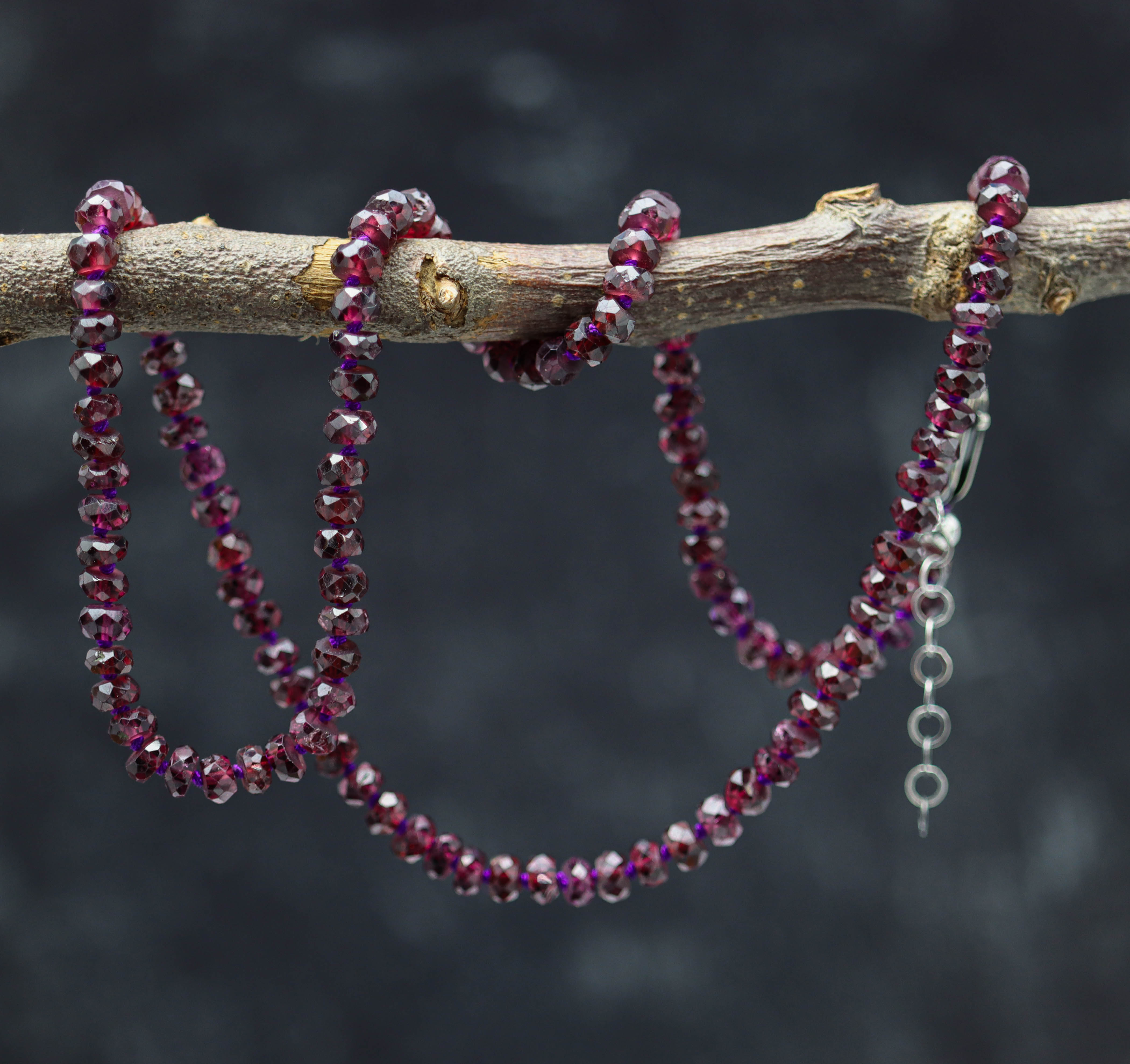 Grape Garnet Hand Knotted Bead Necklace Sterling Silver