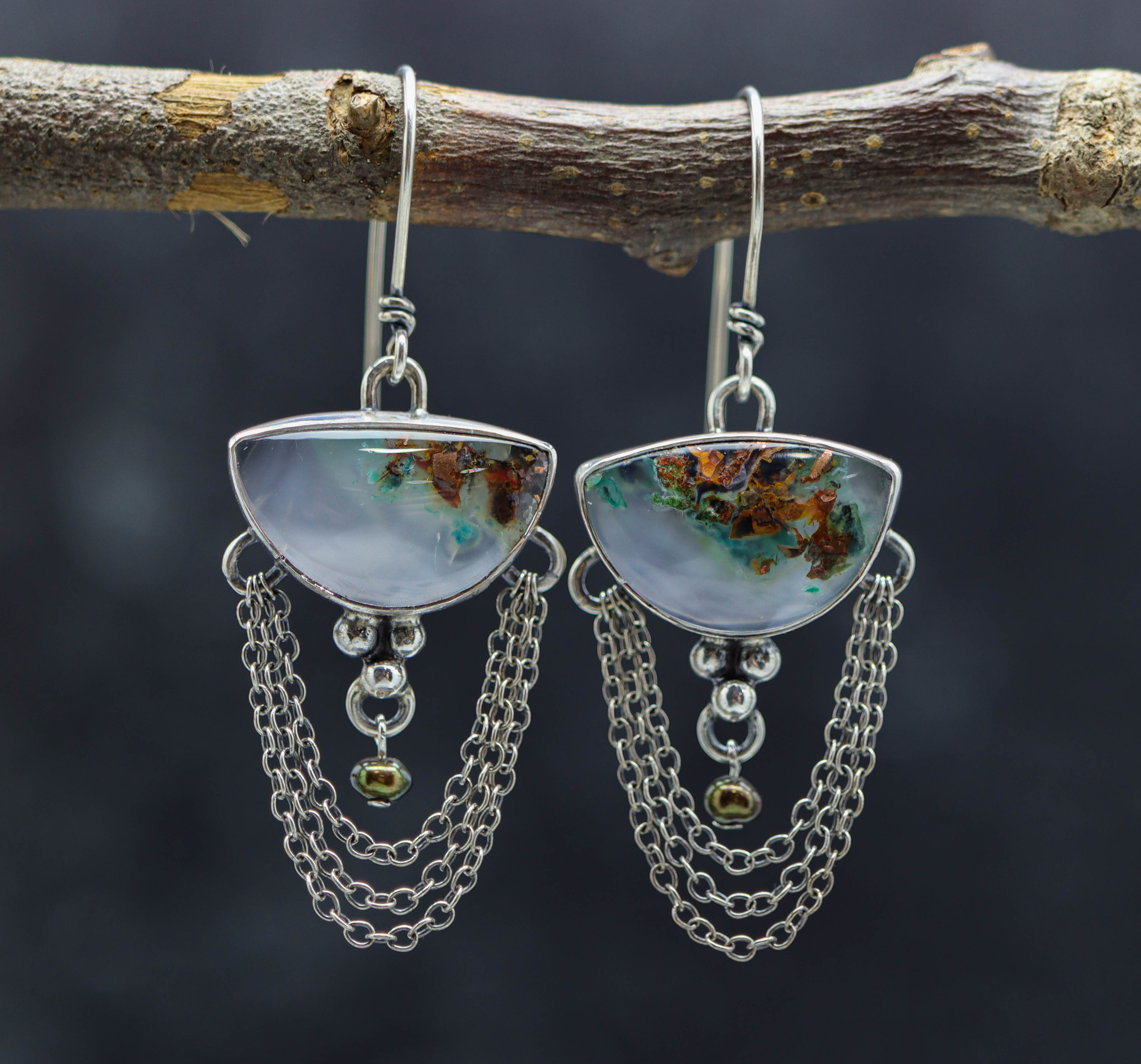 Confetti Chrysocolla and Pearl Earrings Sterling Silver