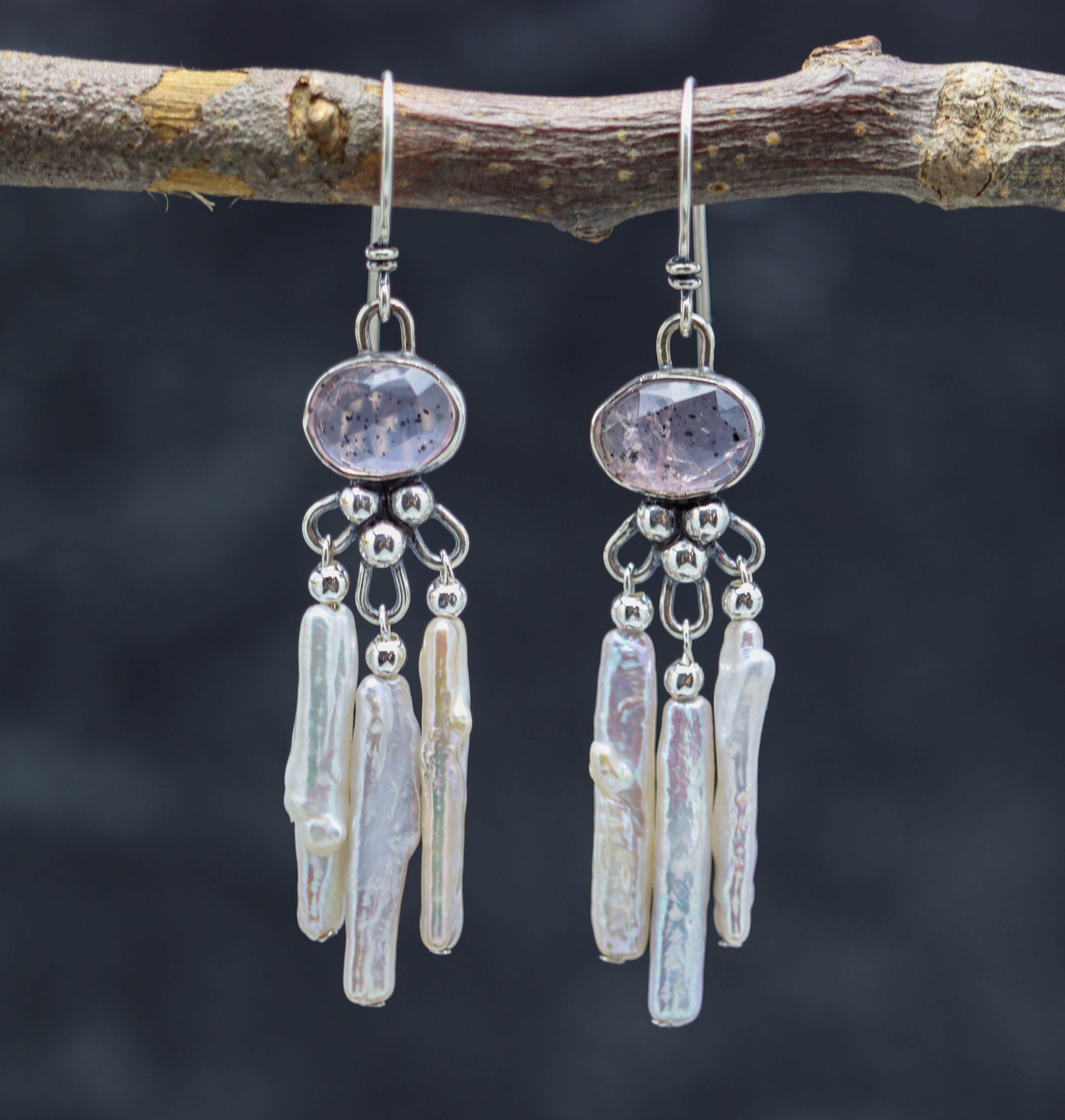 Rose Quartz and Stick Pearl Chandelier Earrings Sterling Silver