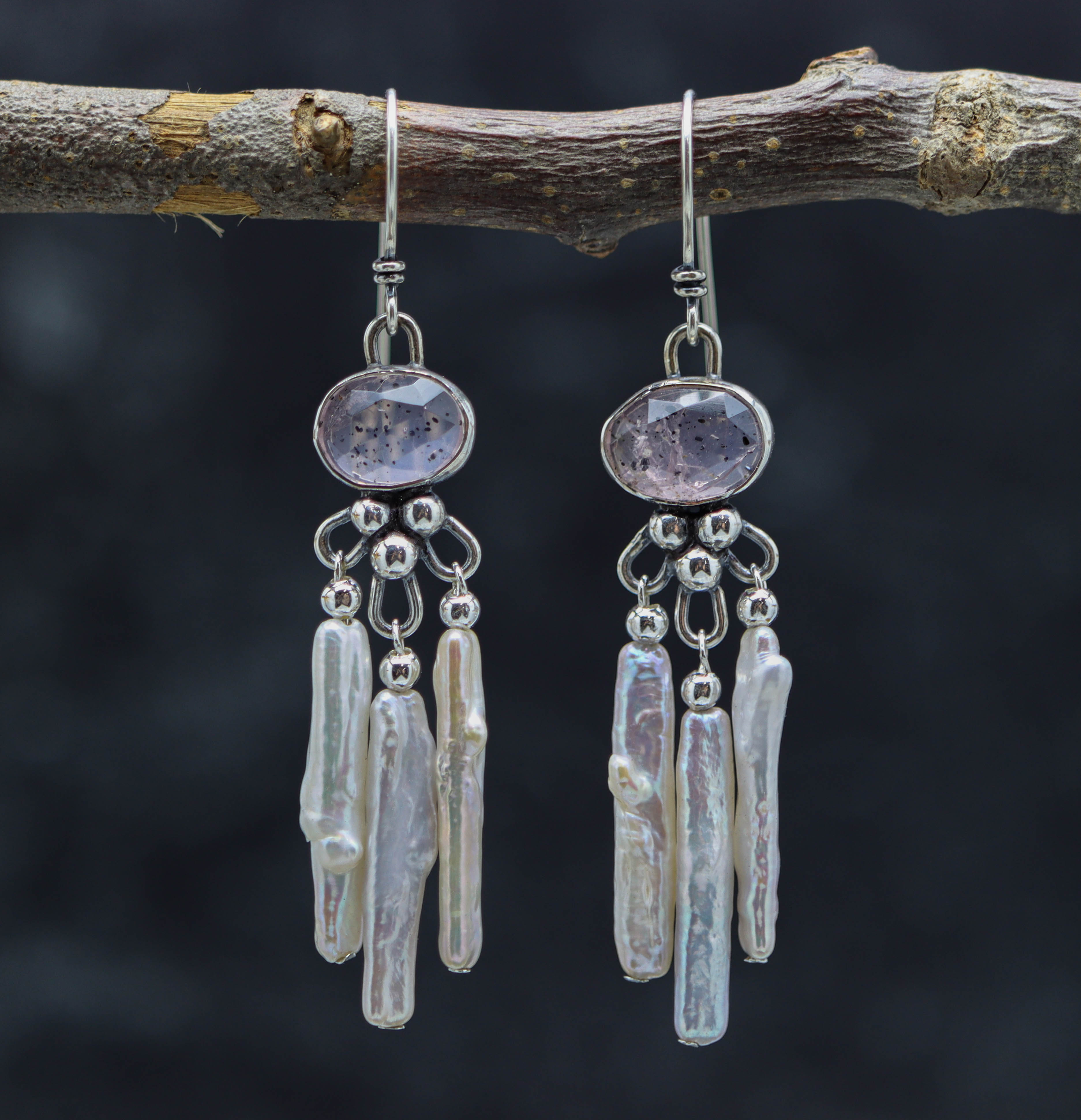 Rose Quartz and Stick Pearl Chandelier Earrings Sterling Silver