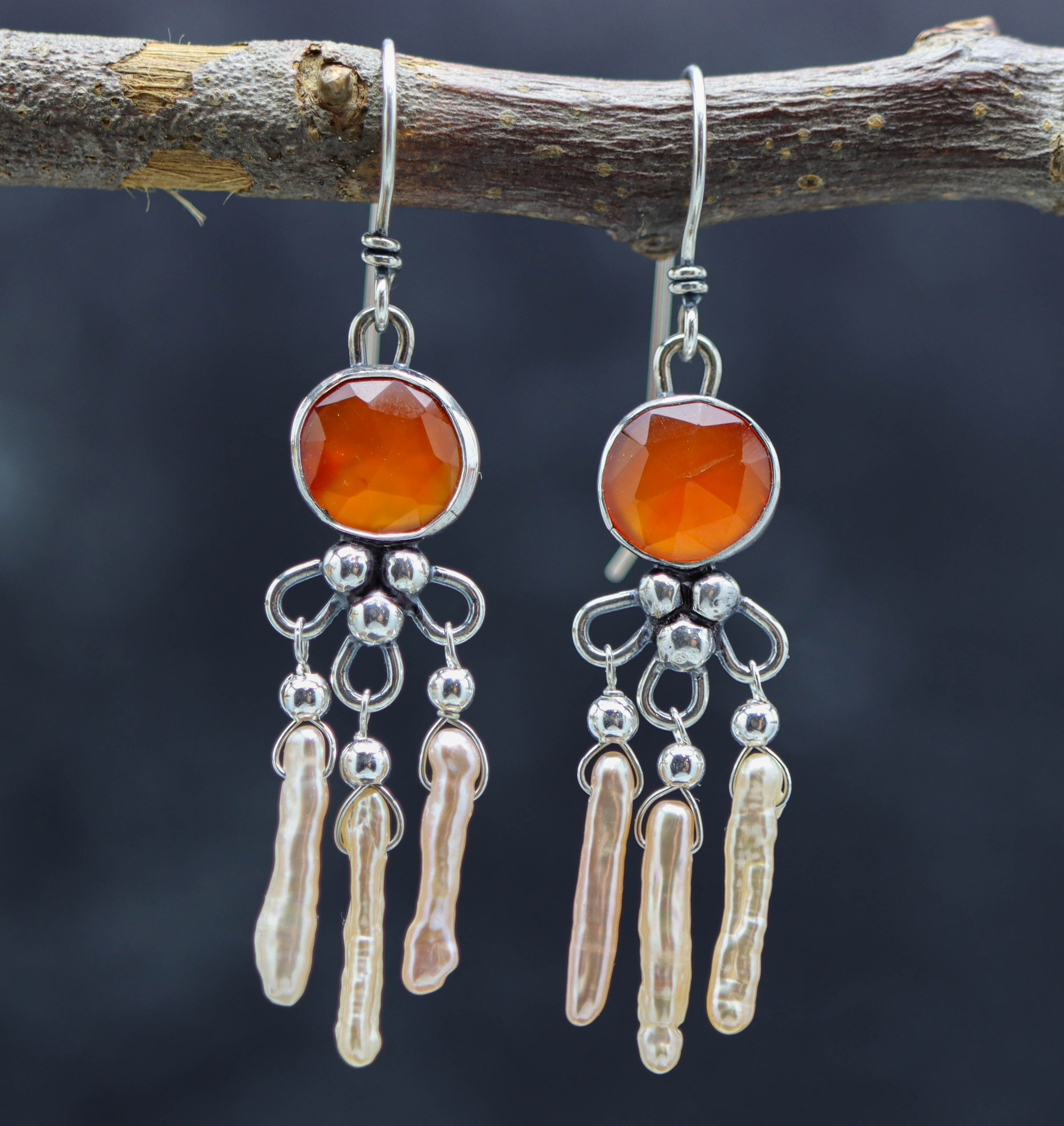 Carnelian and Stick Pearl Chandelier Earrings Sterling Silver