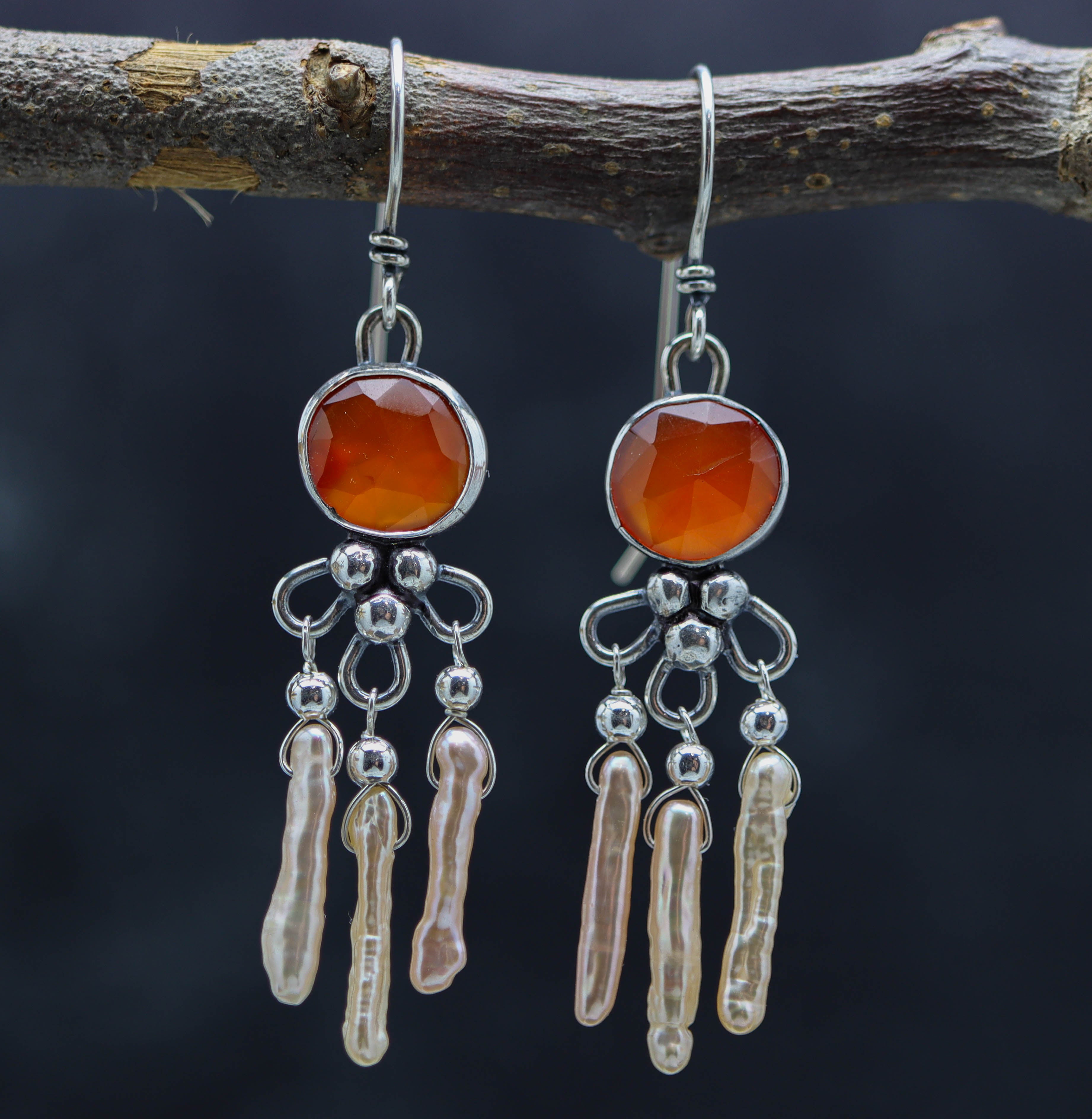 Carnelian and Stick Pearl Chandelier Earrings Sterling Silver