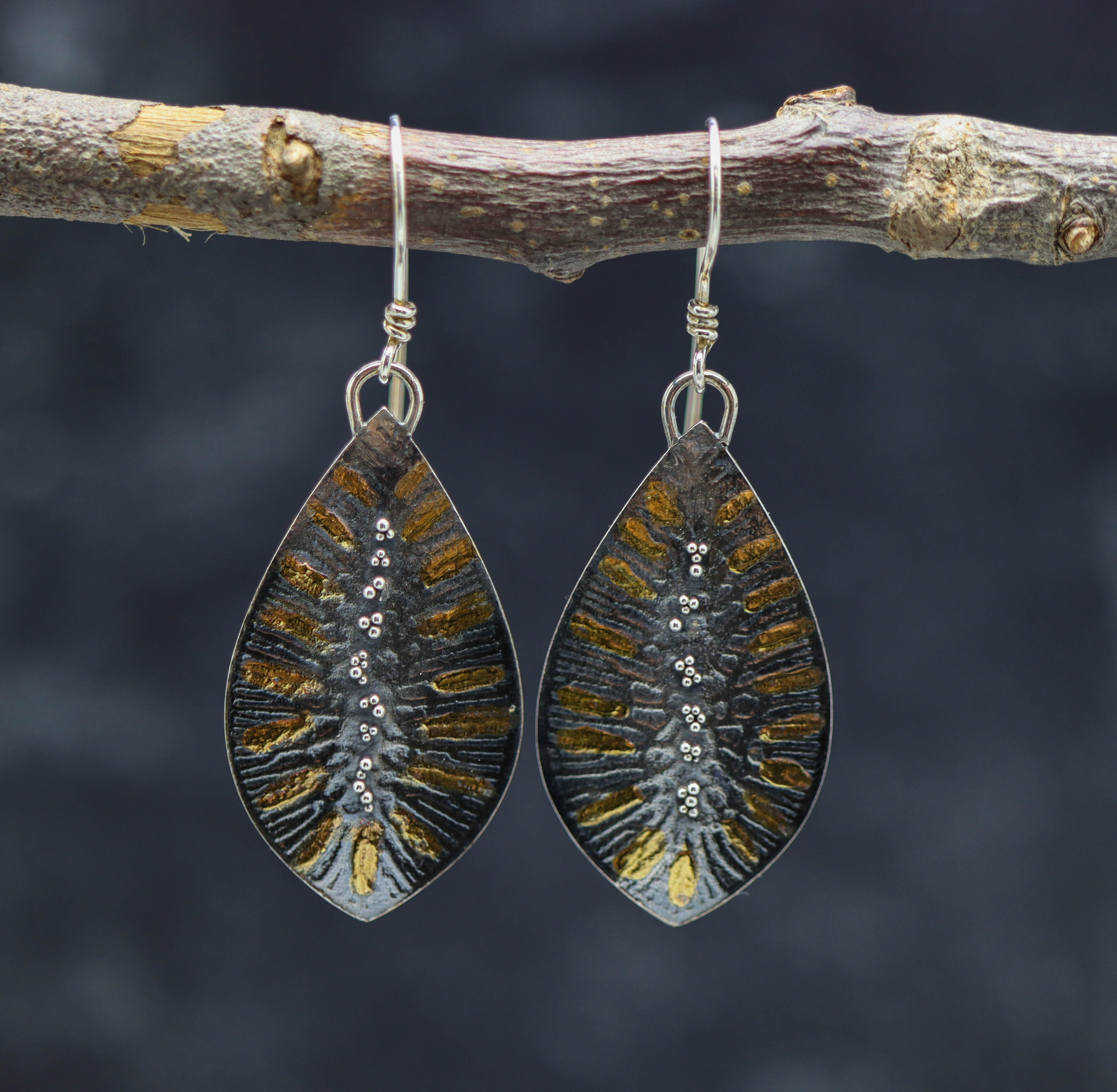 Leaf Granulation Dangle Earrings Sterling Silver 24k