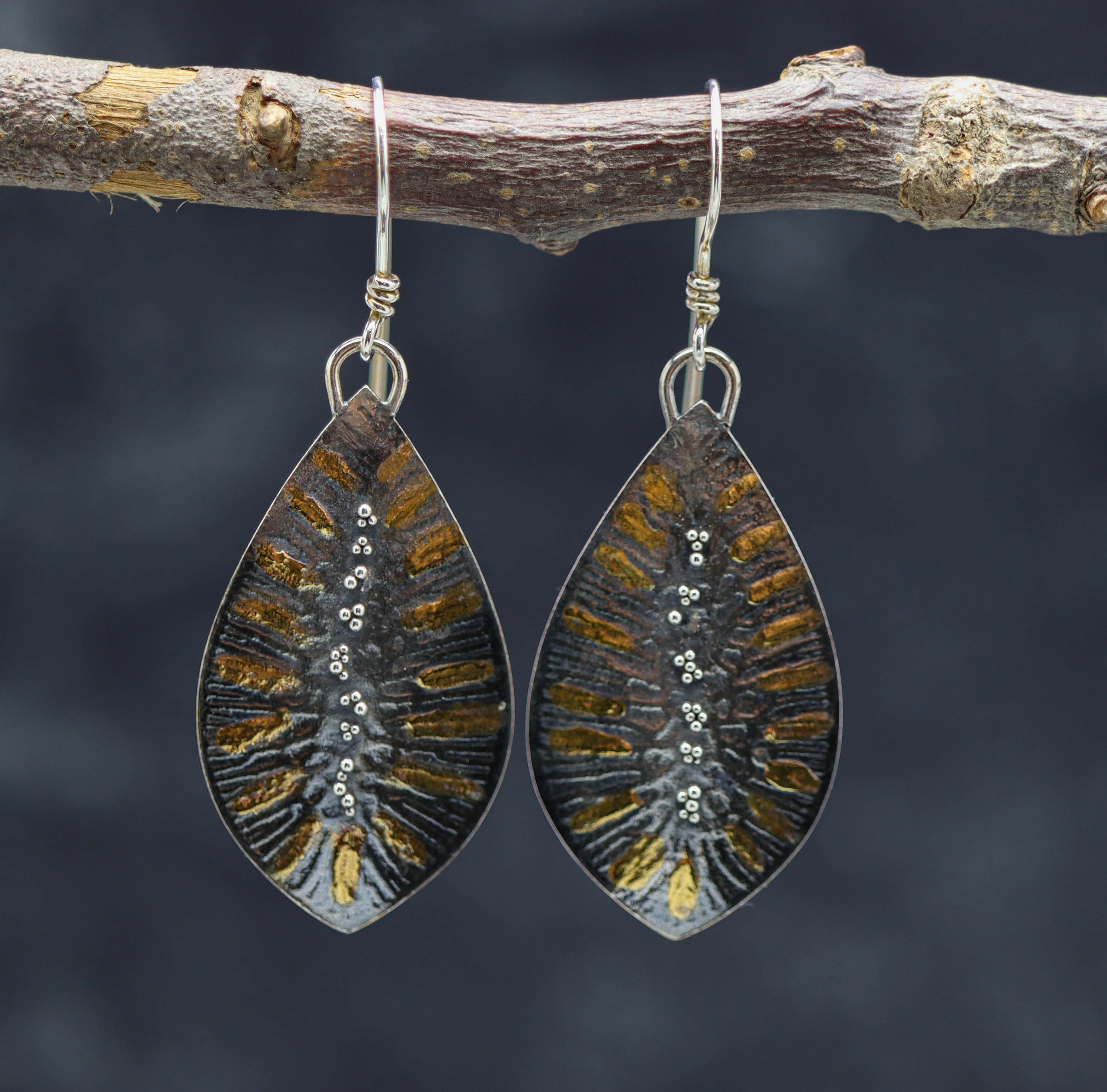 Leaf Granulation Dangle Earrings Sterling Silver 24k