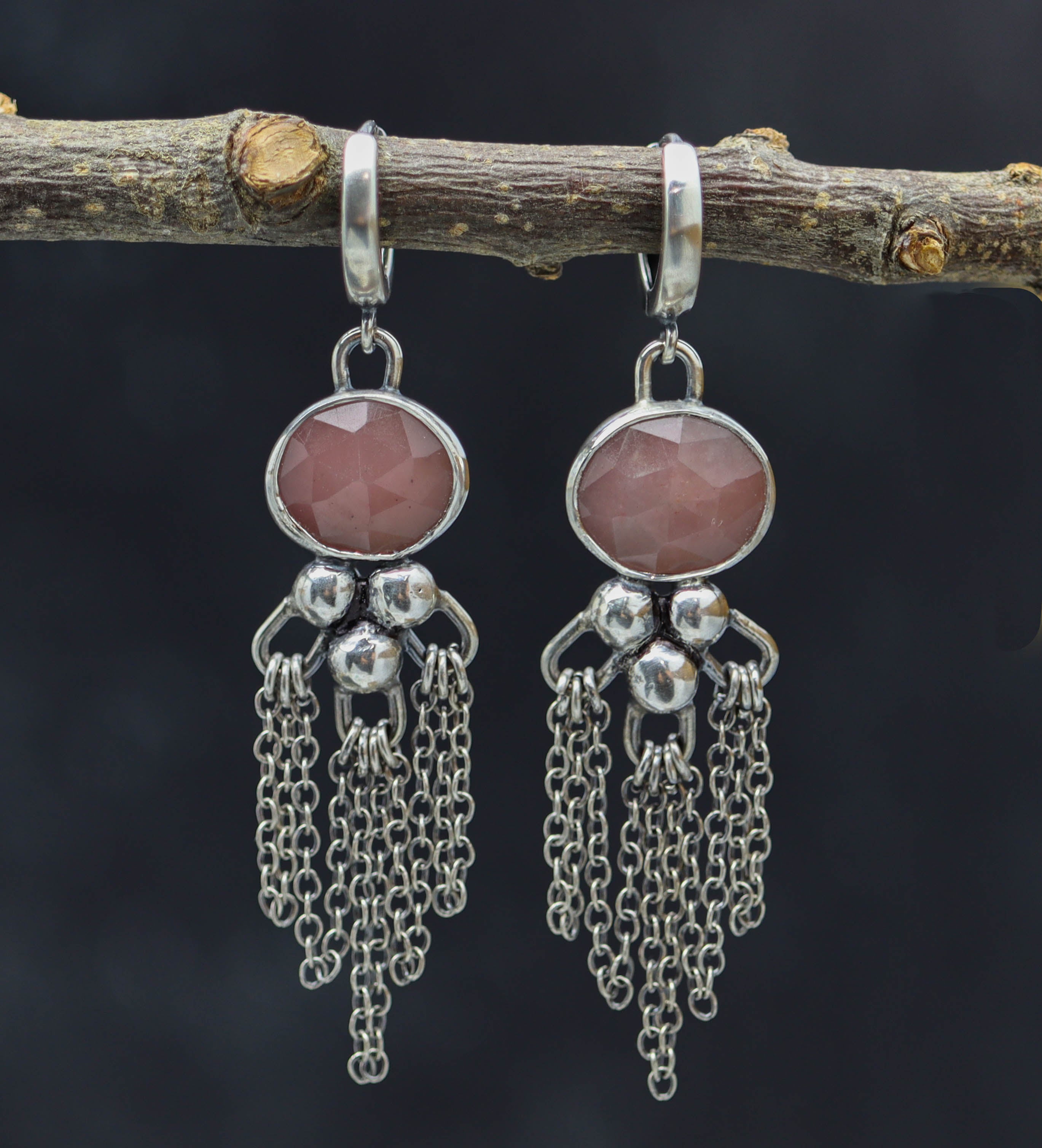 Guava Pink Quartz Dangle Fringe Earrings Sterling Silver