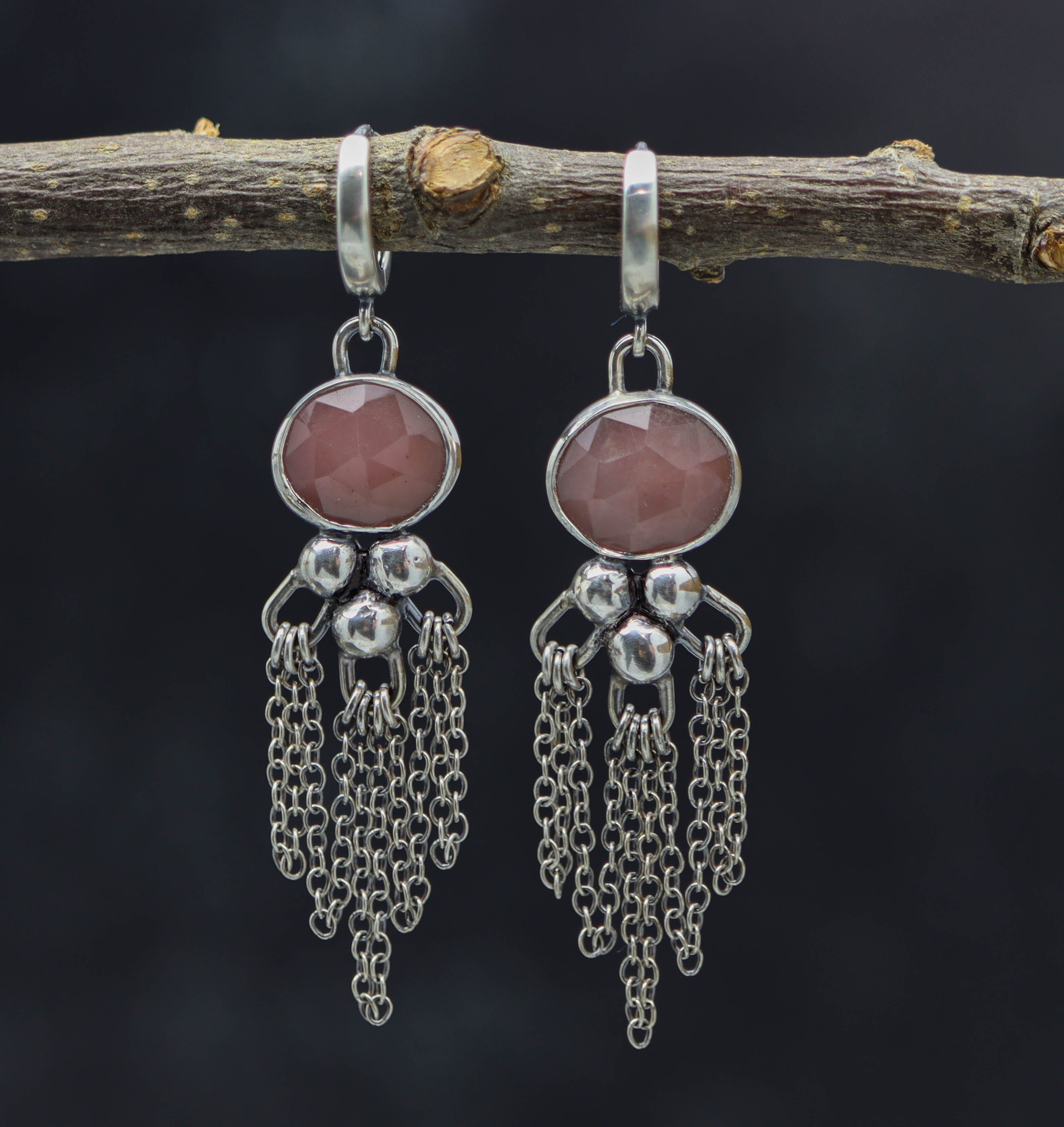 Guava Pink Quartz Dangle Fringe Earrings Sterling Silver