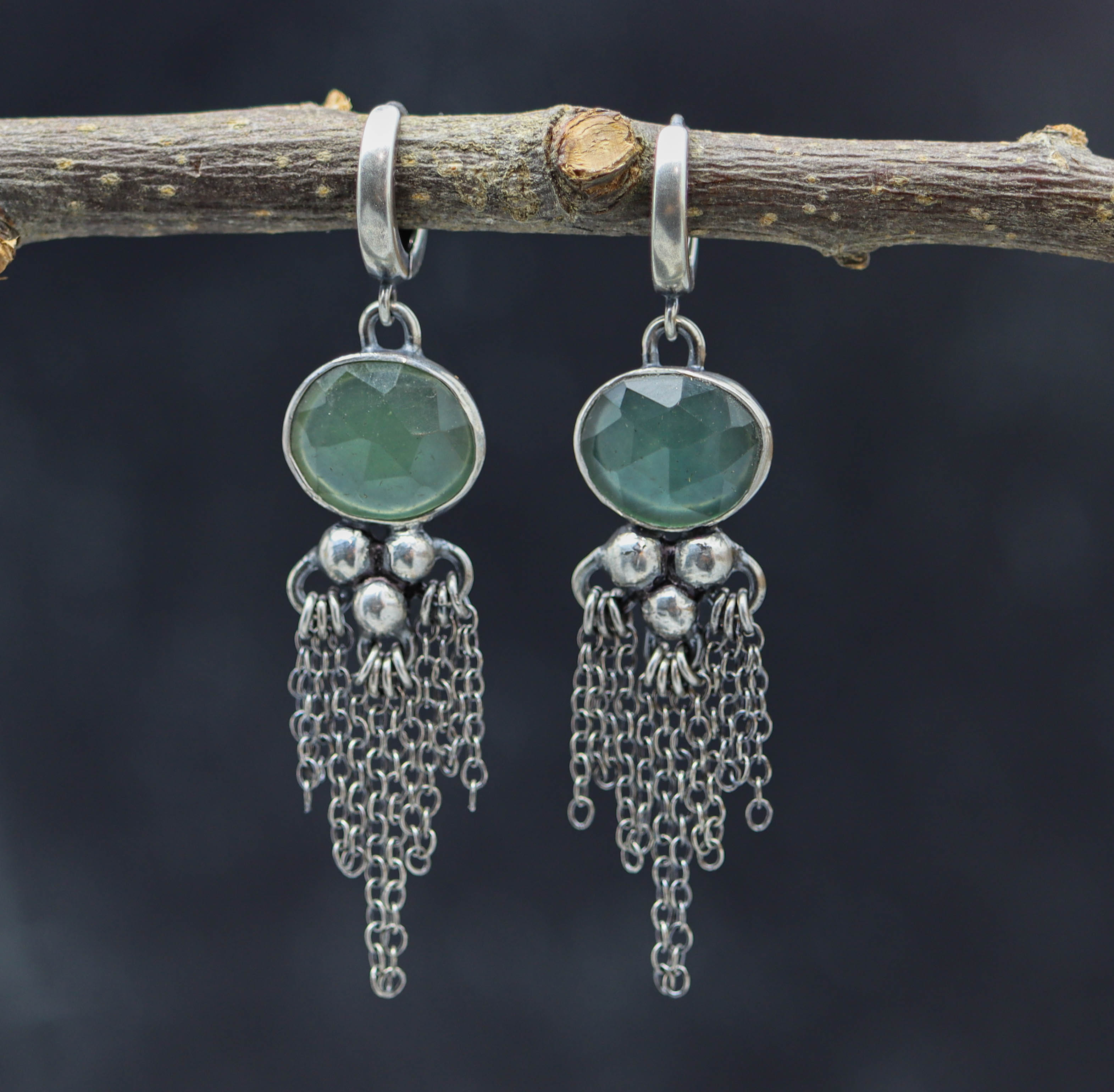 Green Aventurine Dangle Fringe Earrings Sterling Silver