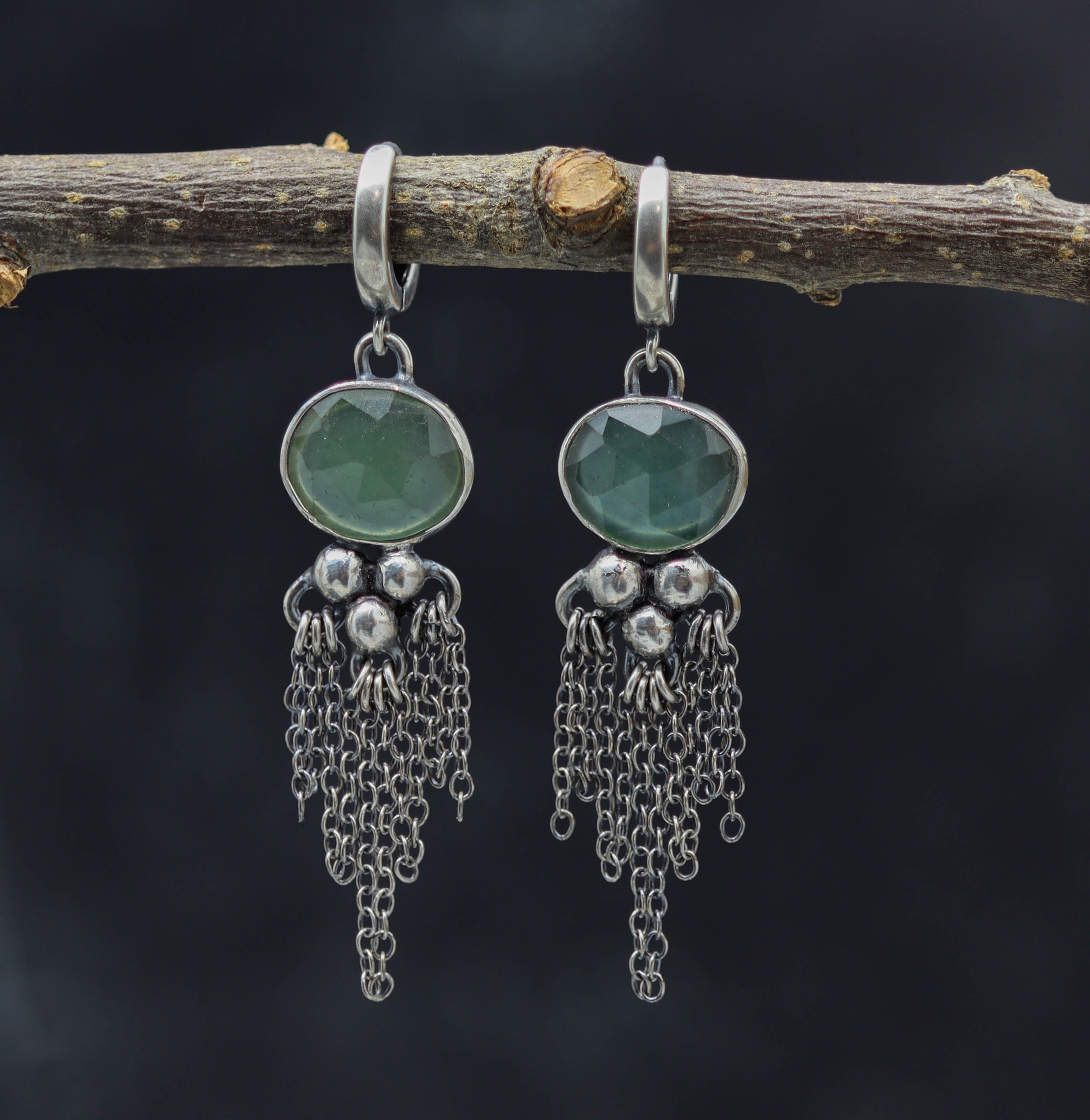 Green Aventurine Dangle Fringe Earrings Sterling Silver