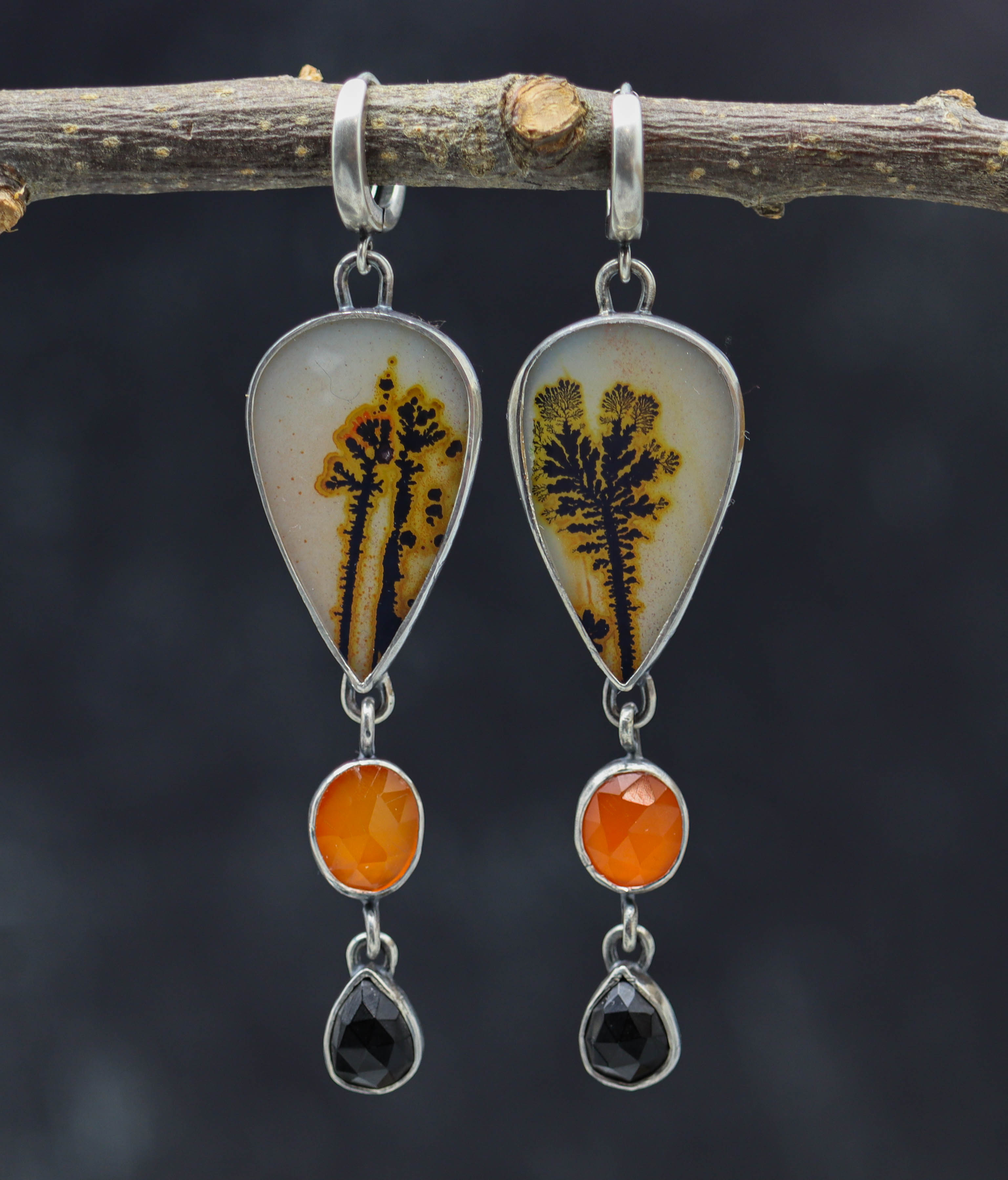 Carnelian, Spinel and Dendritic Agate Earrings Sterling Silver