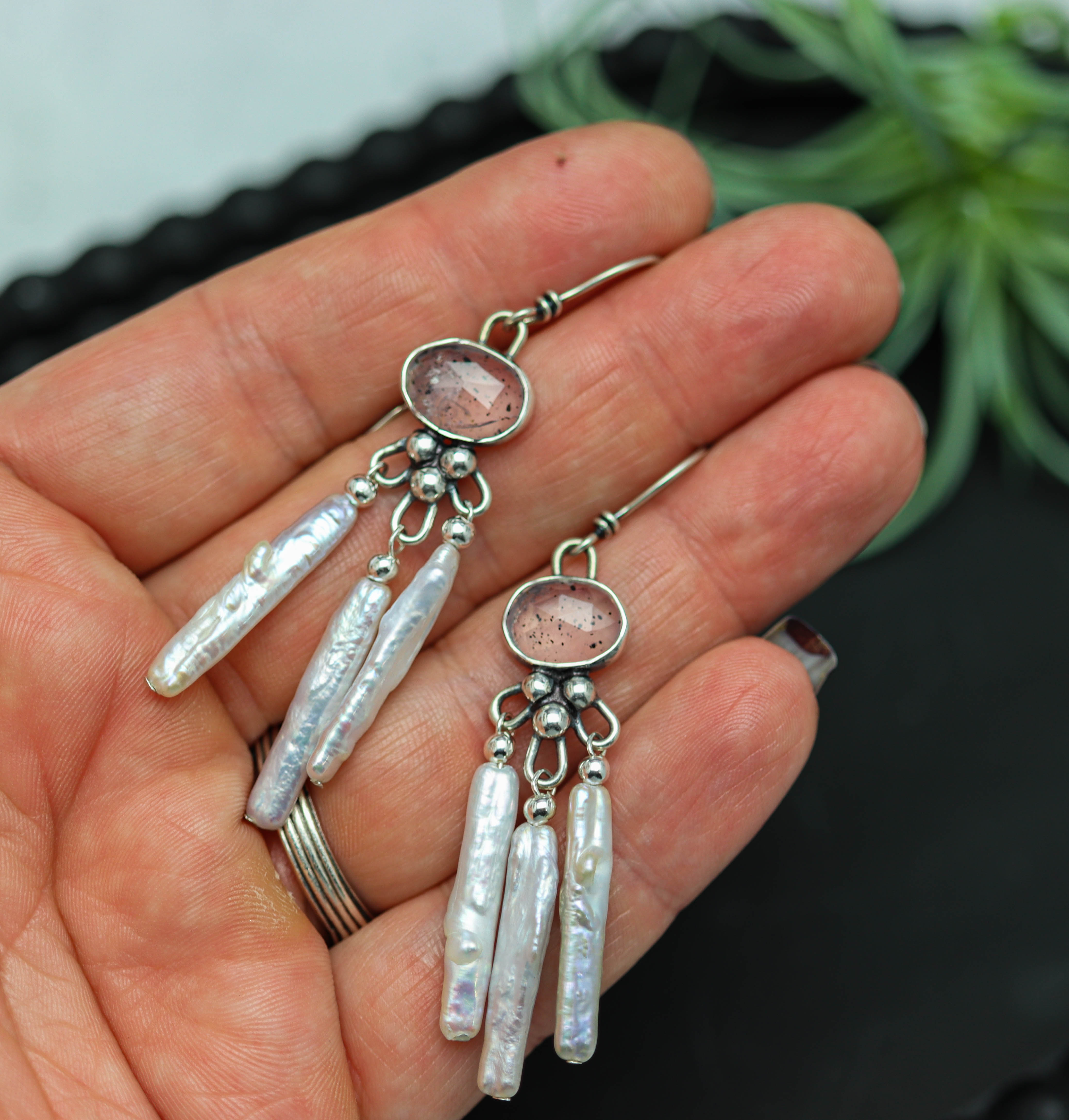 Rose Quartz and Stick Pearl Chandelier Earrings Sterling Silver