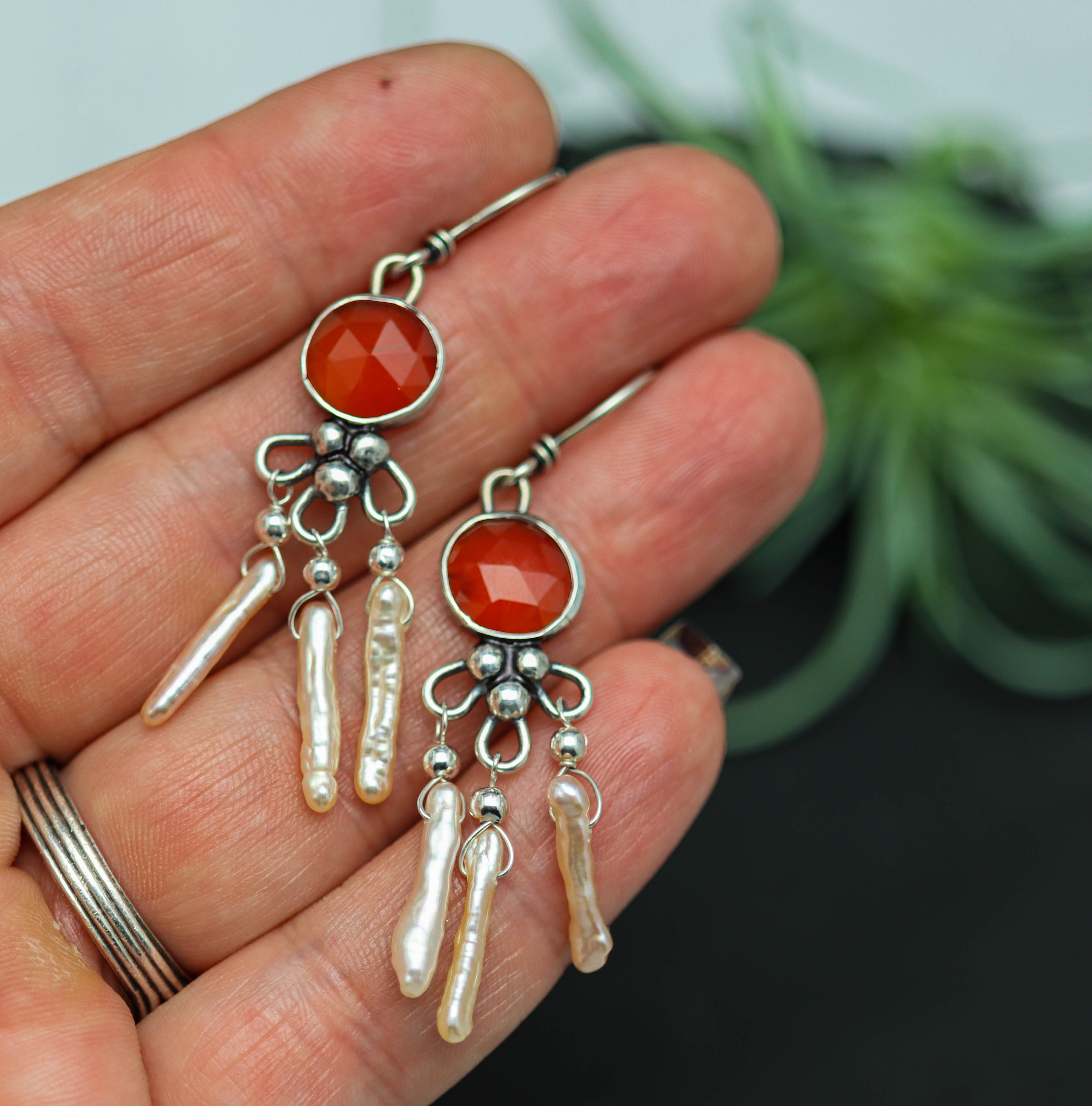 Carnelian and Stick Pearl Chandelier Earrings Sterling Silver