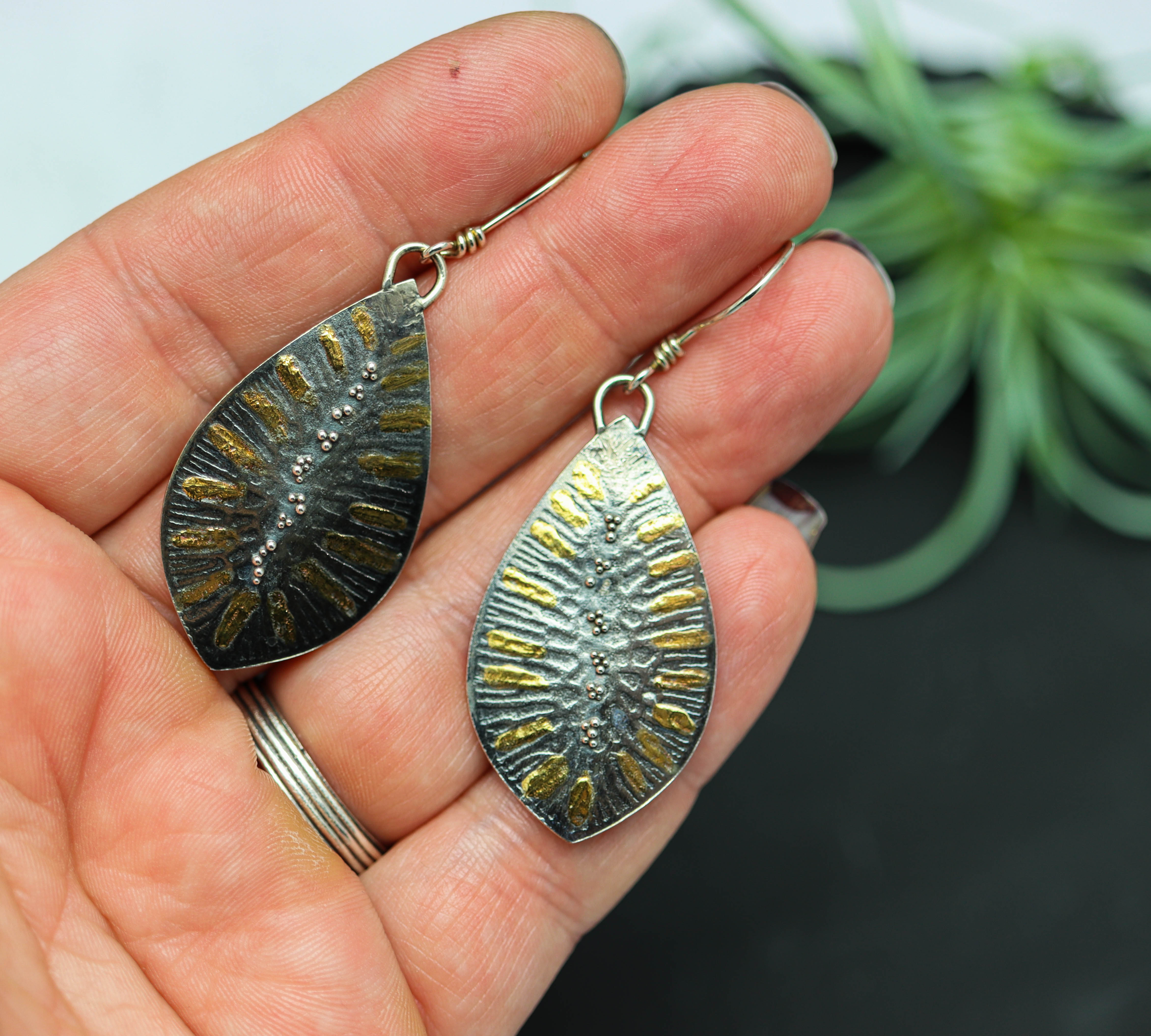 Leaf Granulation Dangle Earrings Sterling Silver 24k