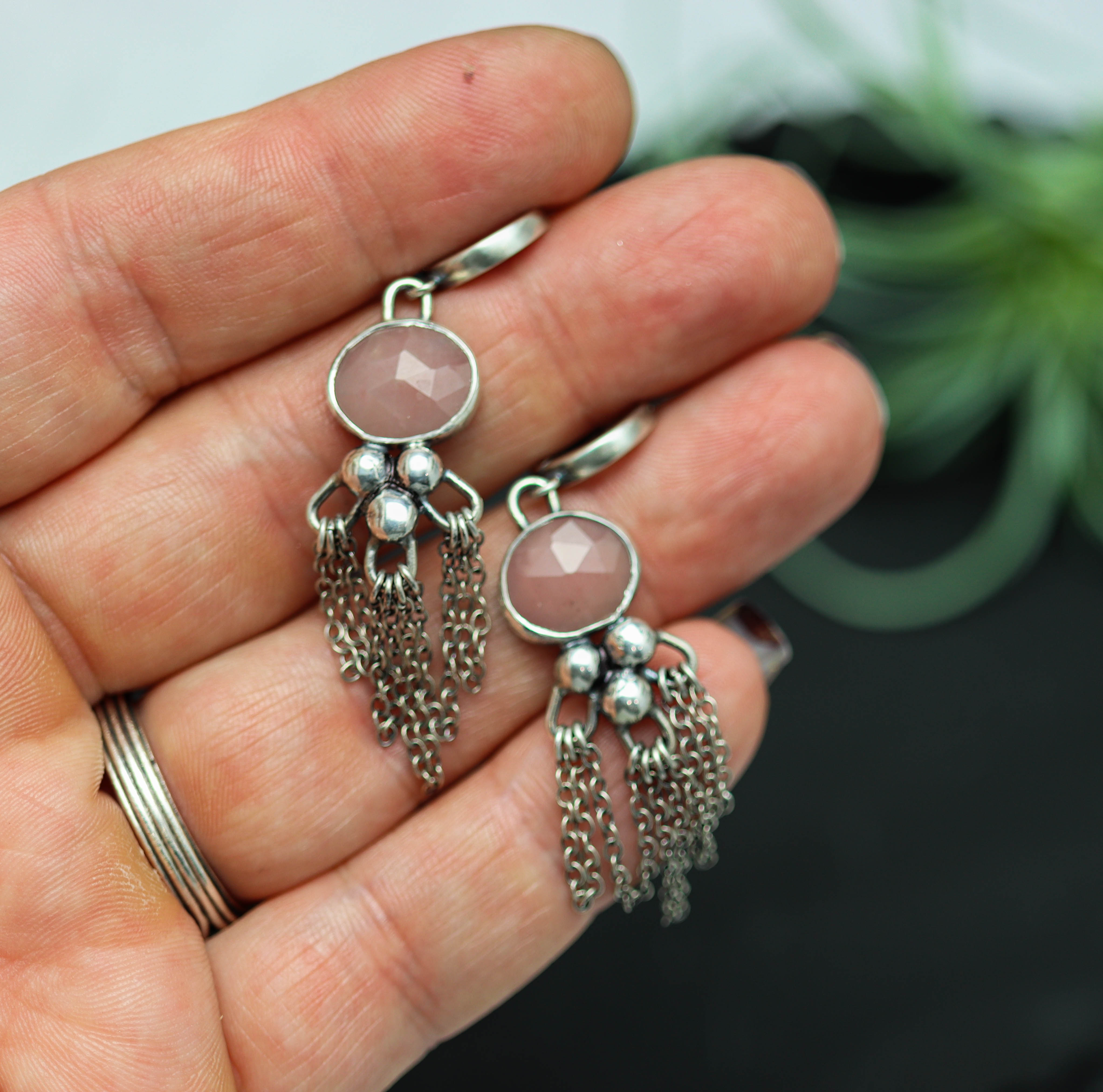 Guava Pink Quartz Dangle Fringe Earrings Sterling Silver