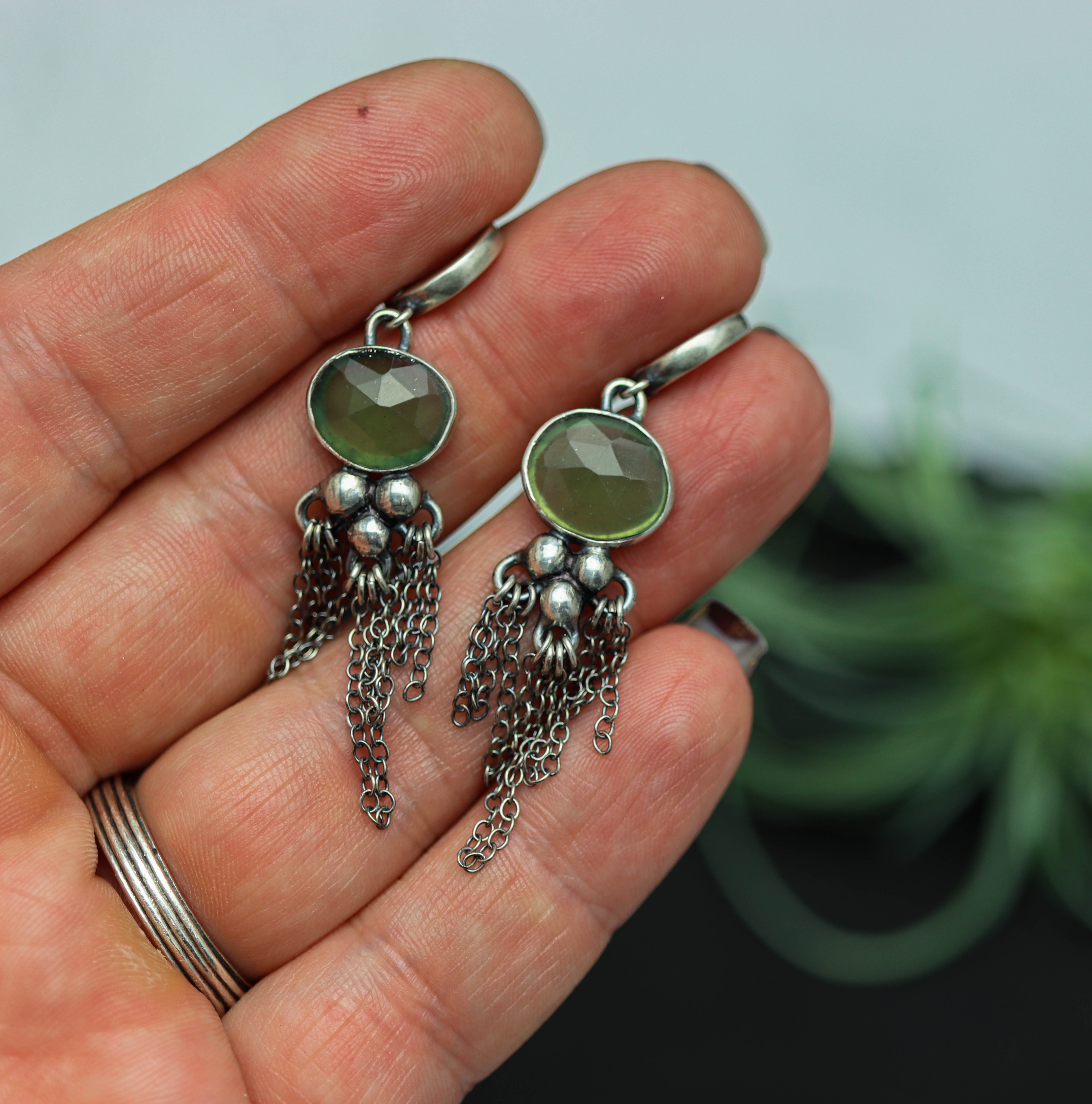 Green Aventurine Dangle Fringe Earrings Sterling Silver