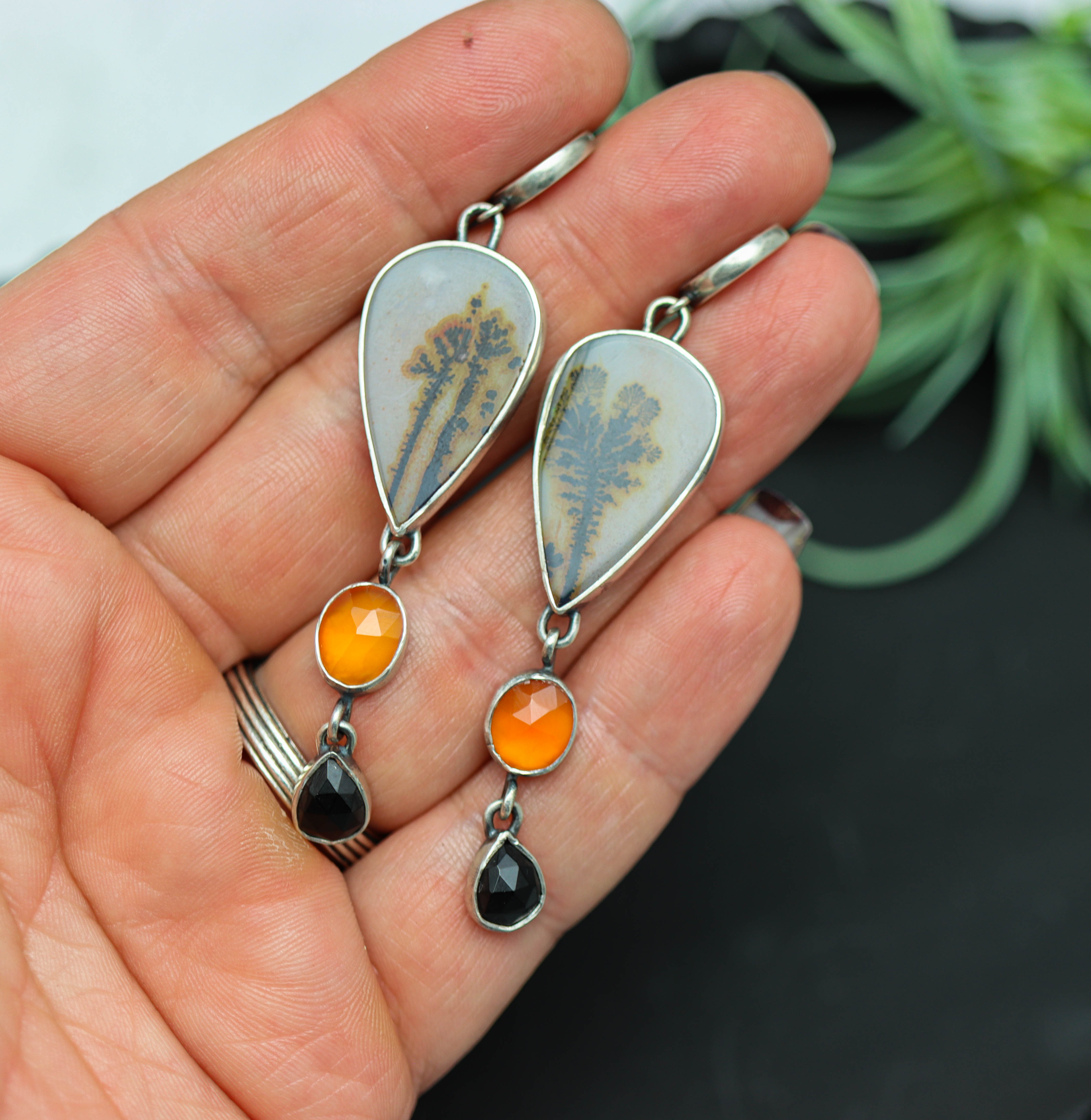 Carnelian, Spinel and Dendritic Agate Earrings Sterling Silver