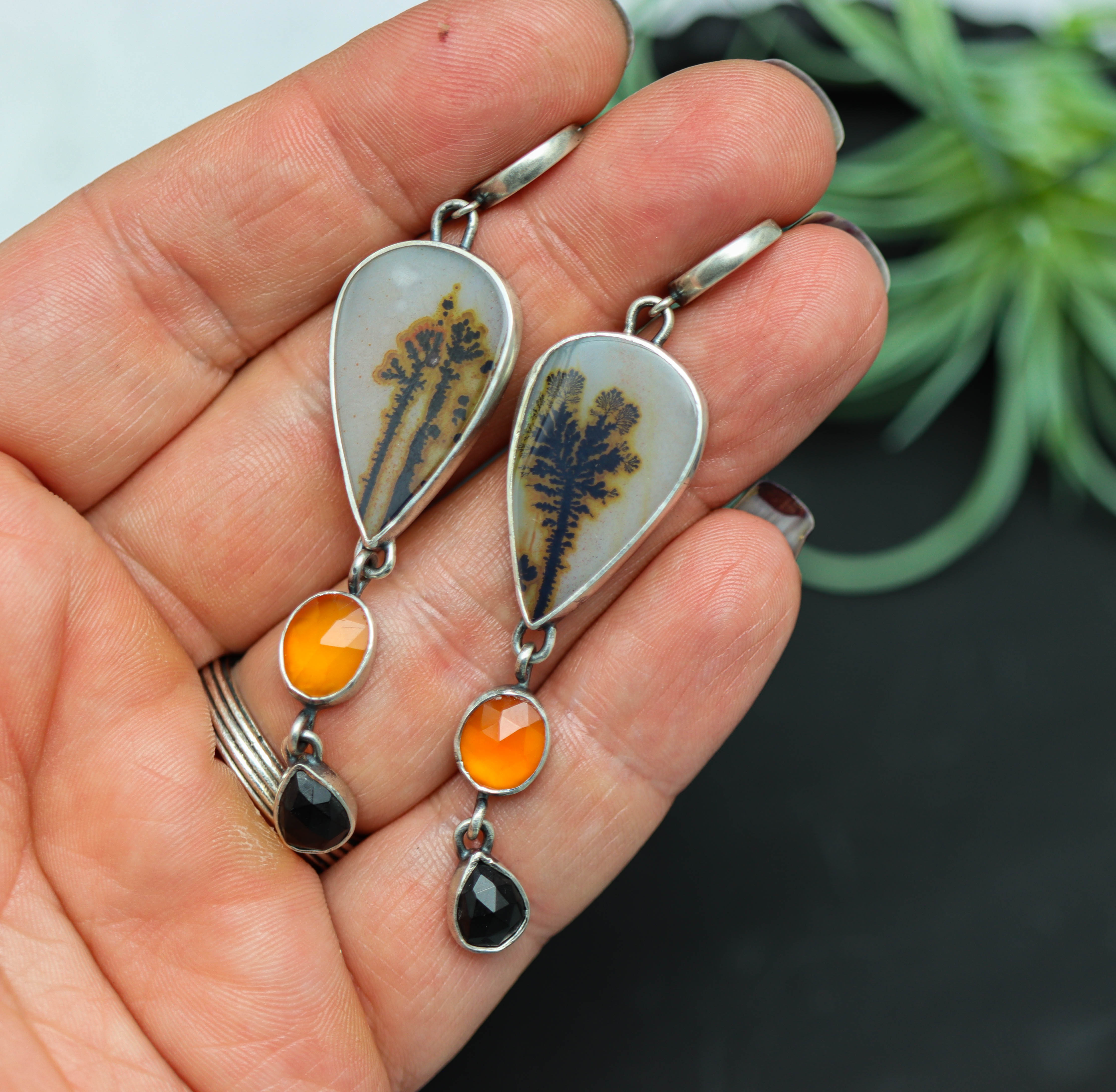 Carnelian, Spinel and Dendritic Agate Earrings Sterling Silver