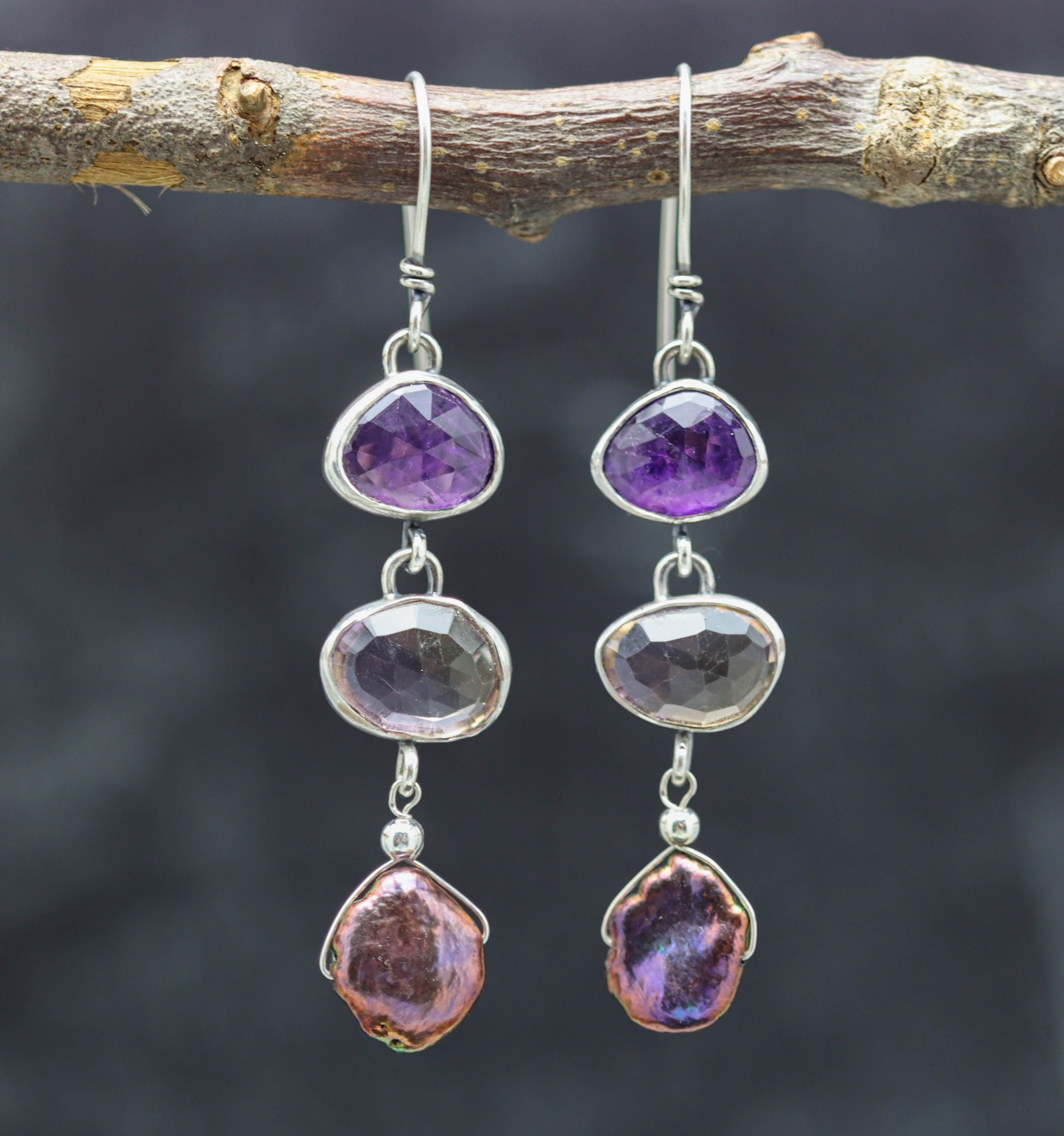 Amethyst, Ametrine and Pearl Earrings Sterling Silver