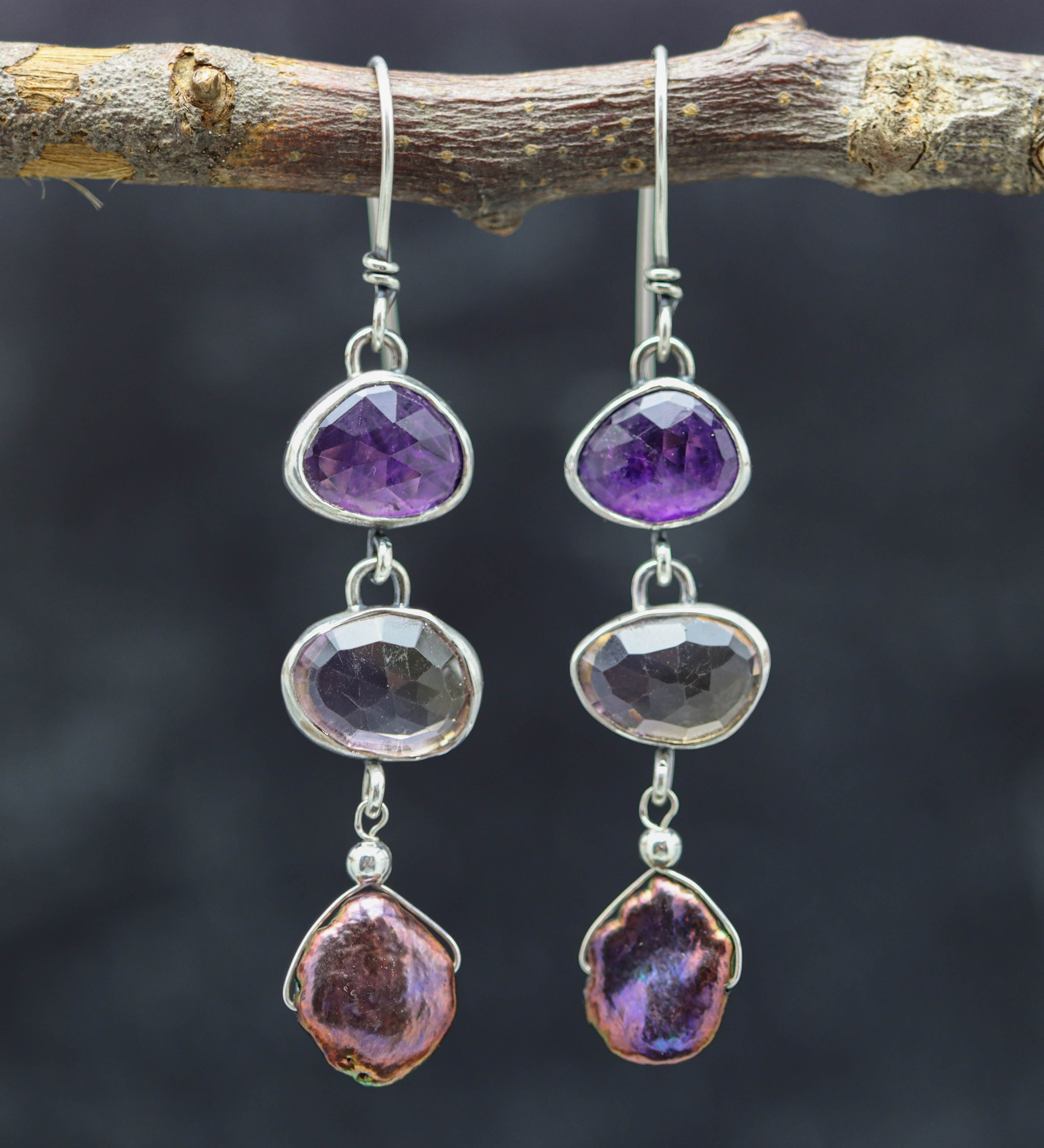 Amethyst, Ametrine and Pearl Earrings Sterling Silver