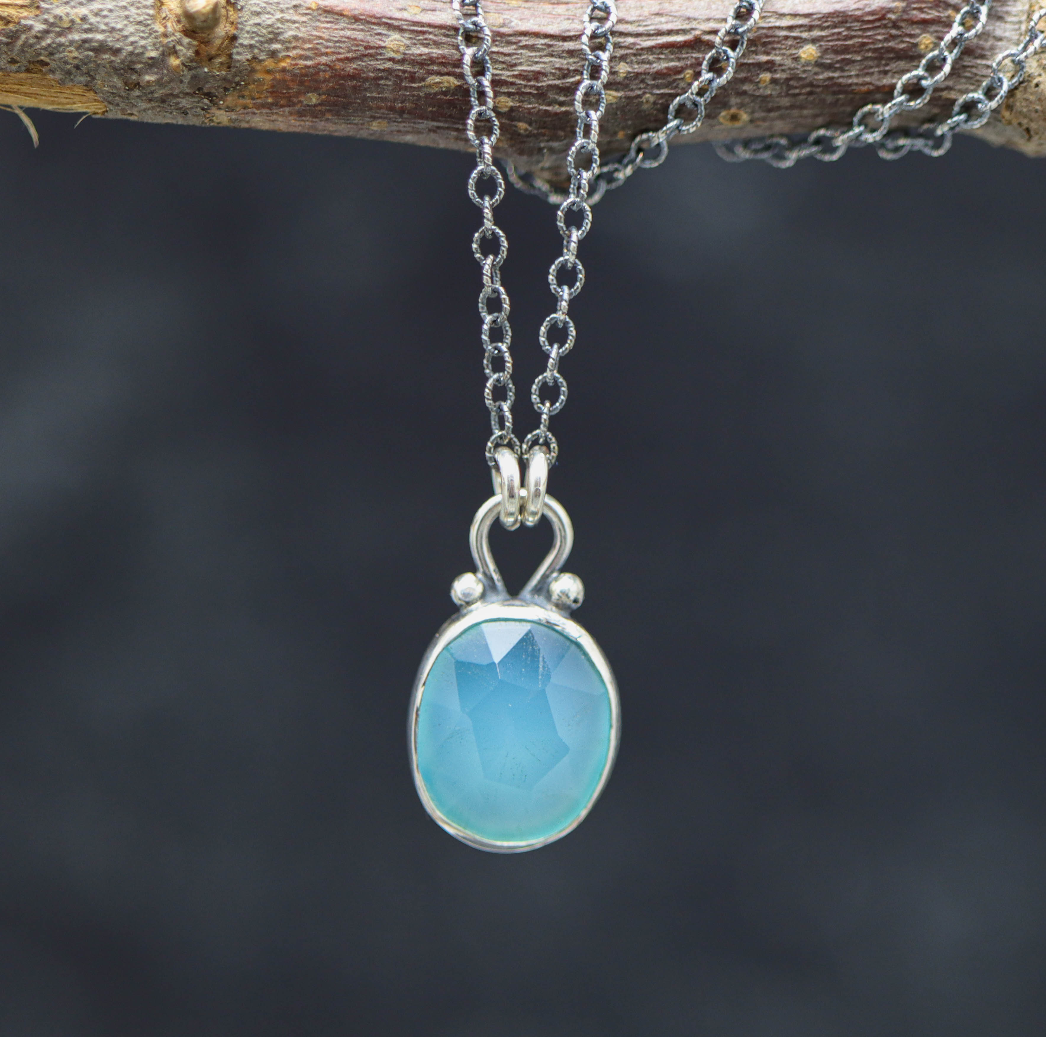 Aqua Chalcedony Pendant Necklace Sterling Silver