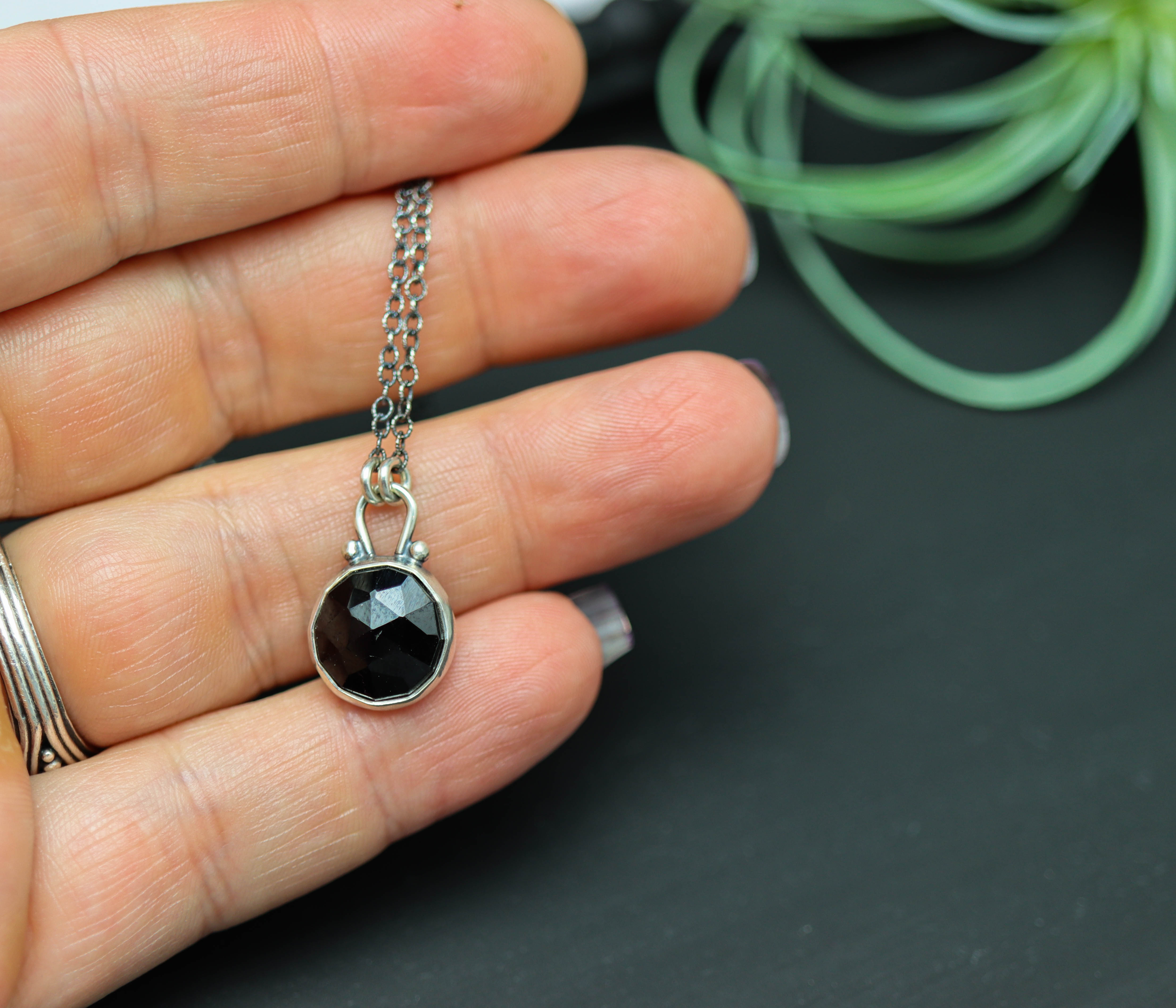 Black Spinel Pendant Necklace Sterling Silver