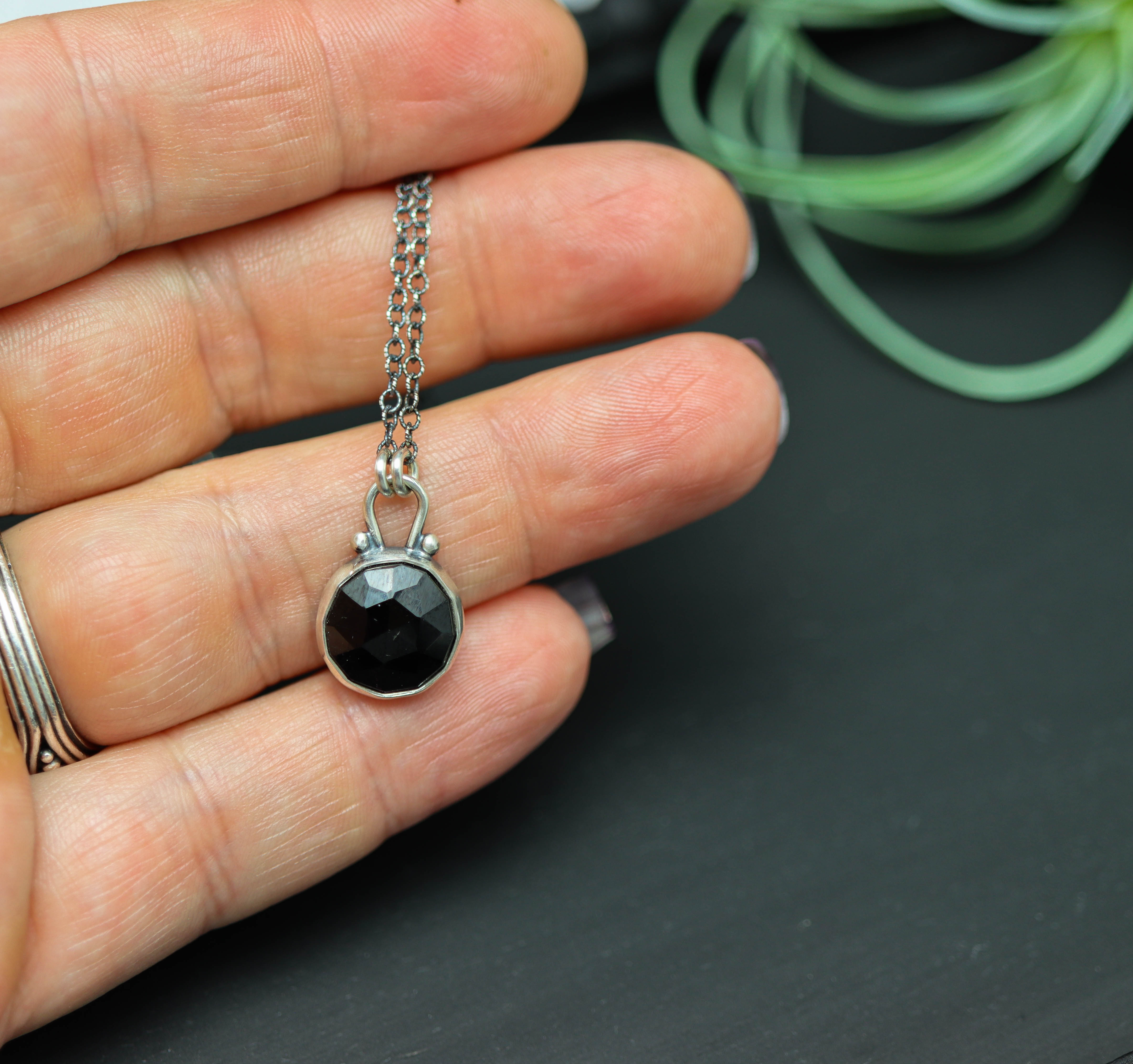 Black Spinel Pendant Necklace Sterling Silver