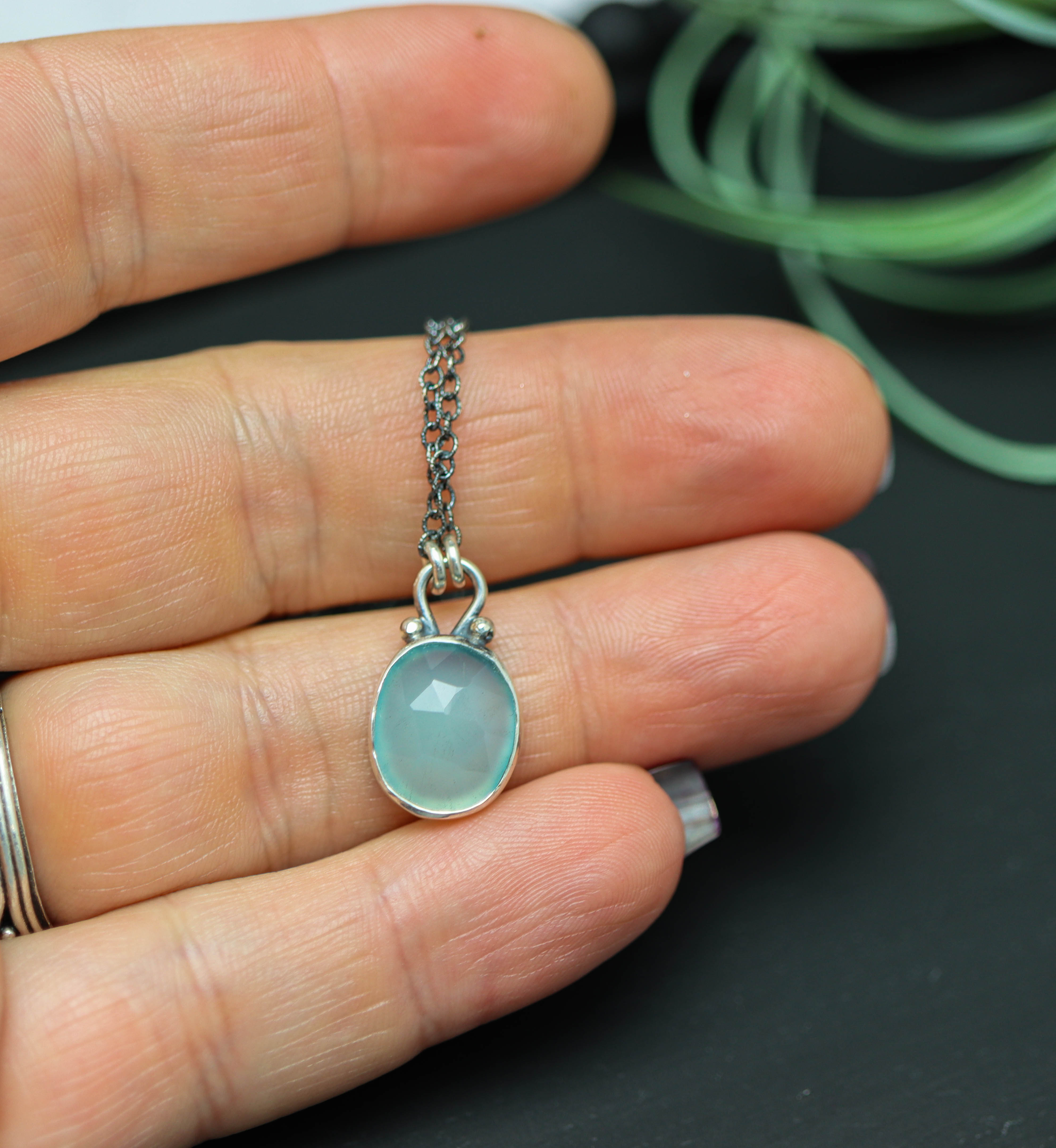 Aqua Chalcedony Pendant Necklace Sterling Silver