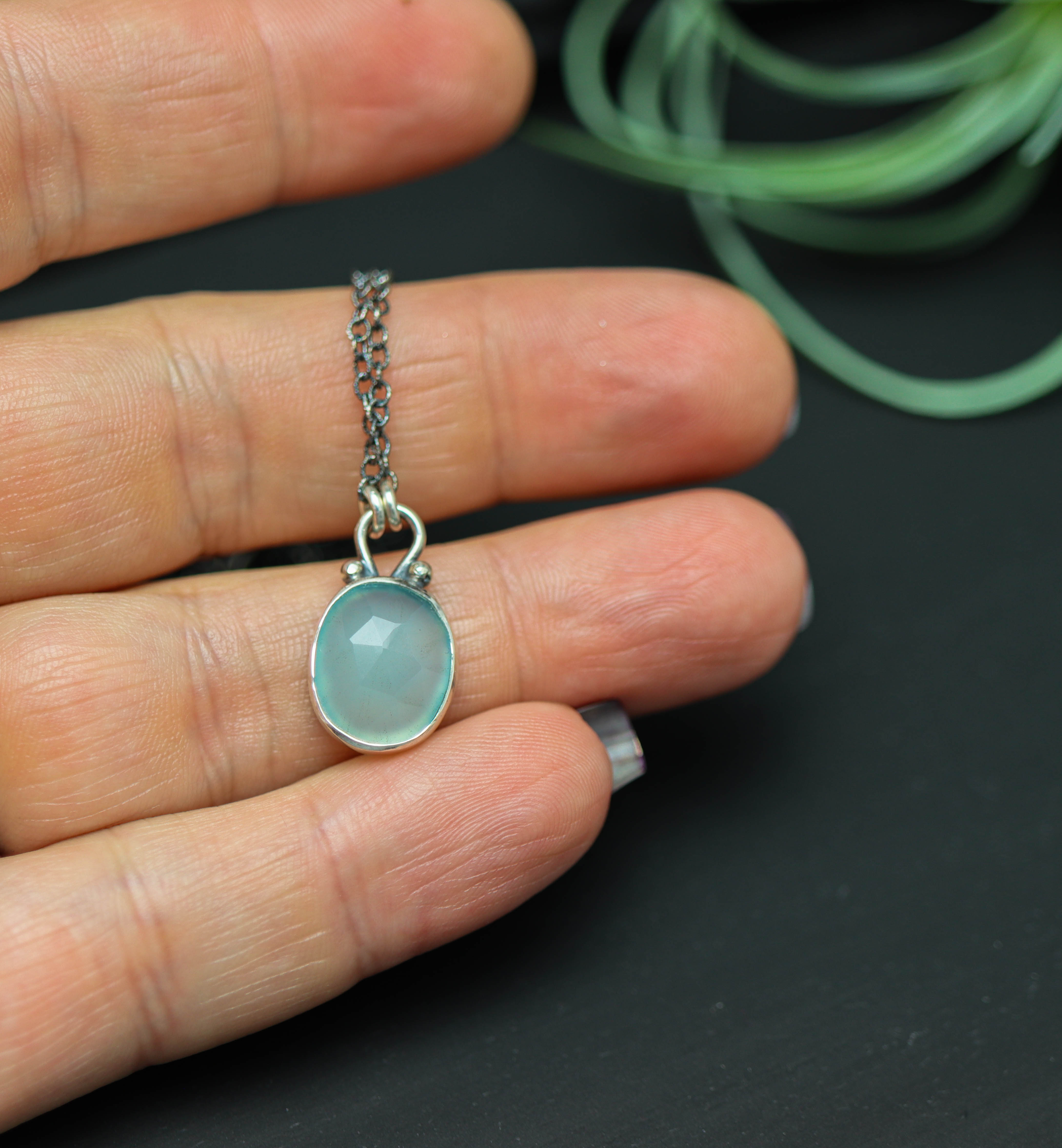 Aqua Chalcedony Pendant Necklace Sterling Silver