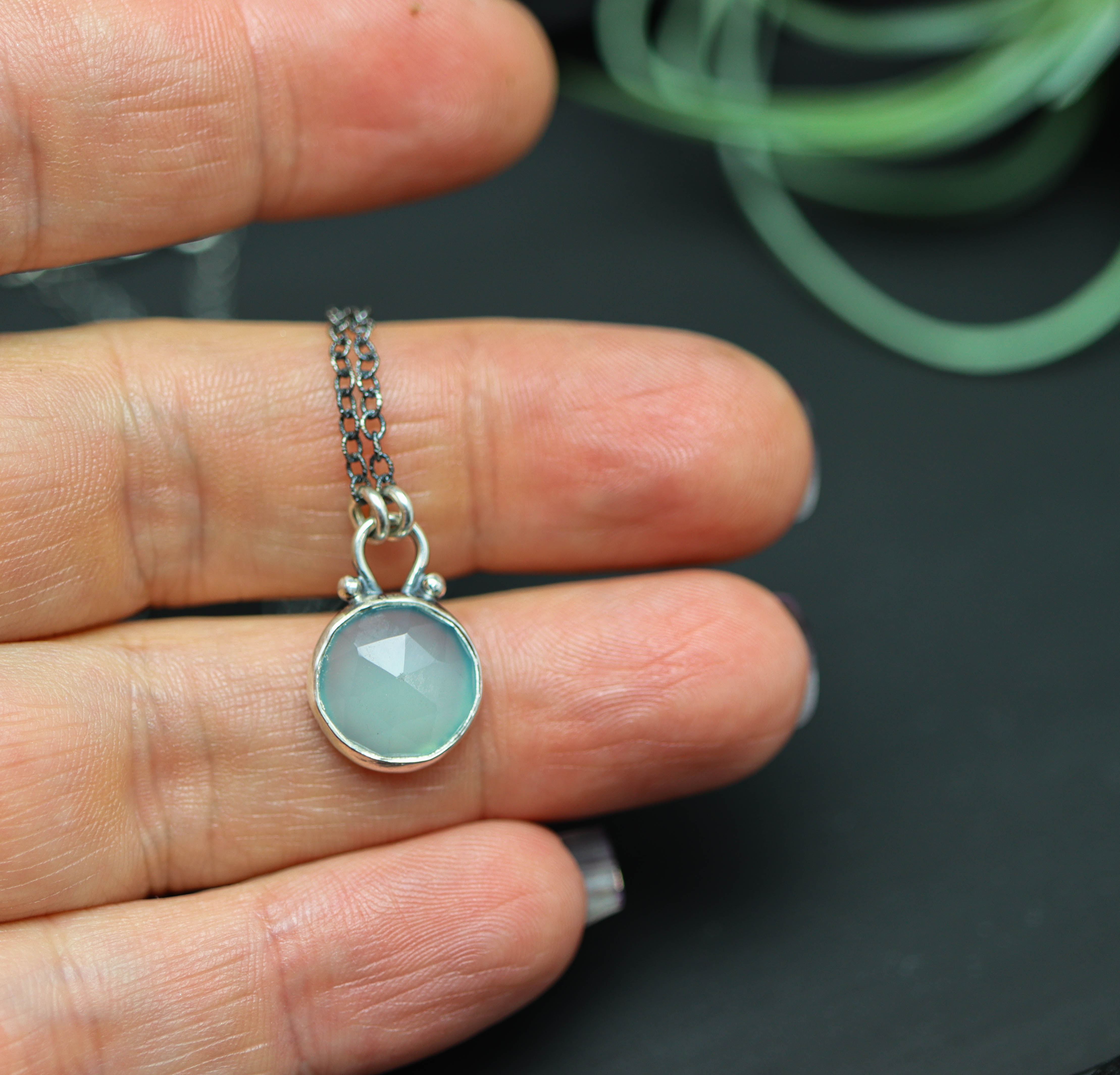 Aqua Chalcedony Pendant Necklace Sterling Silver