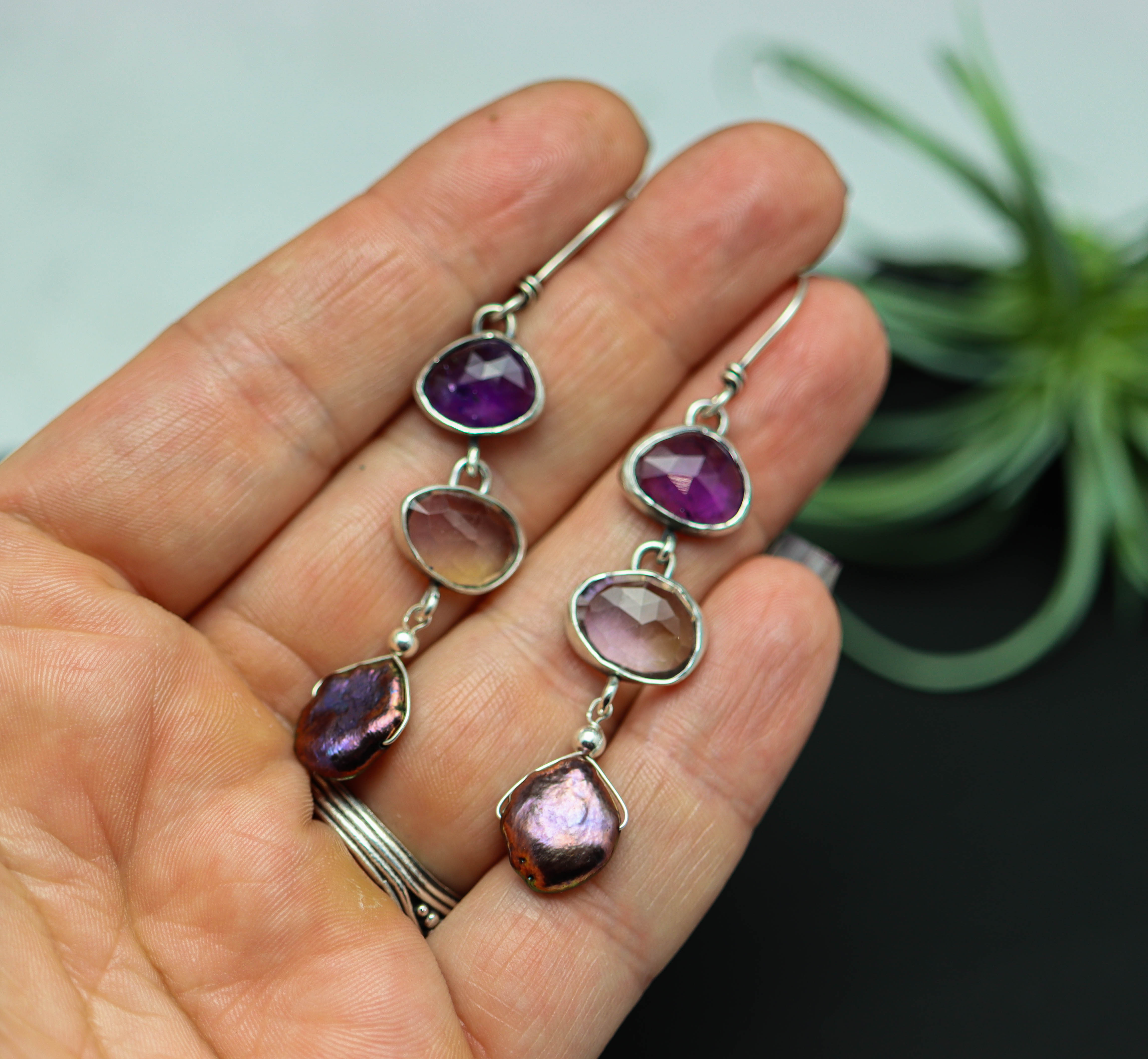 Amethyst, Ametrine and Pearl Earrings Sterling Silver