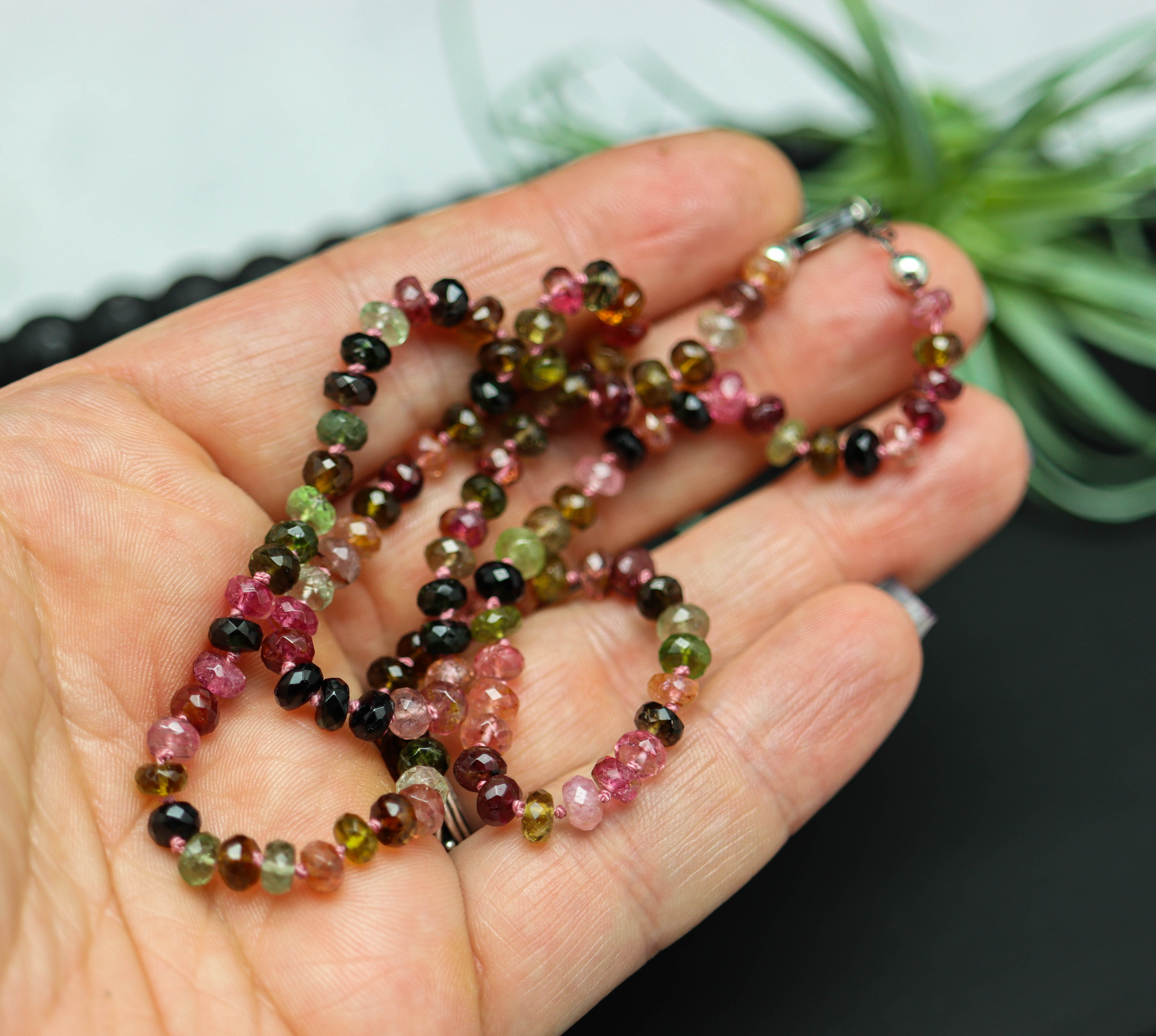 Multi Colored Tourmaline Hand Knotted Bead Necklace Sterling Silver 23 Inches