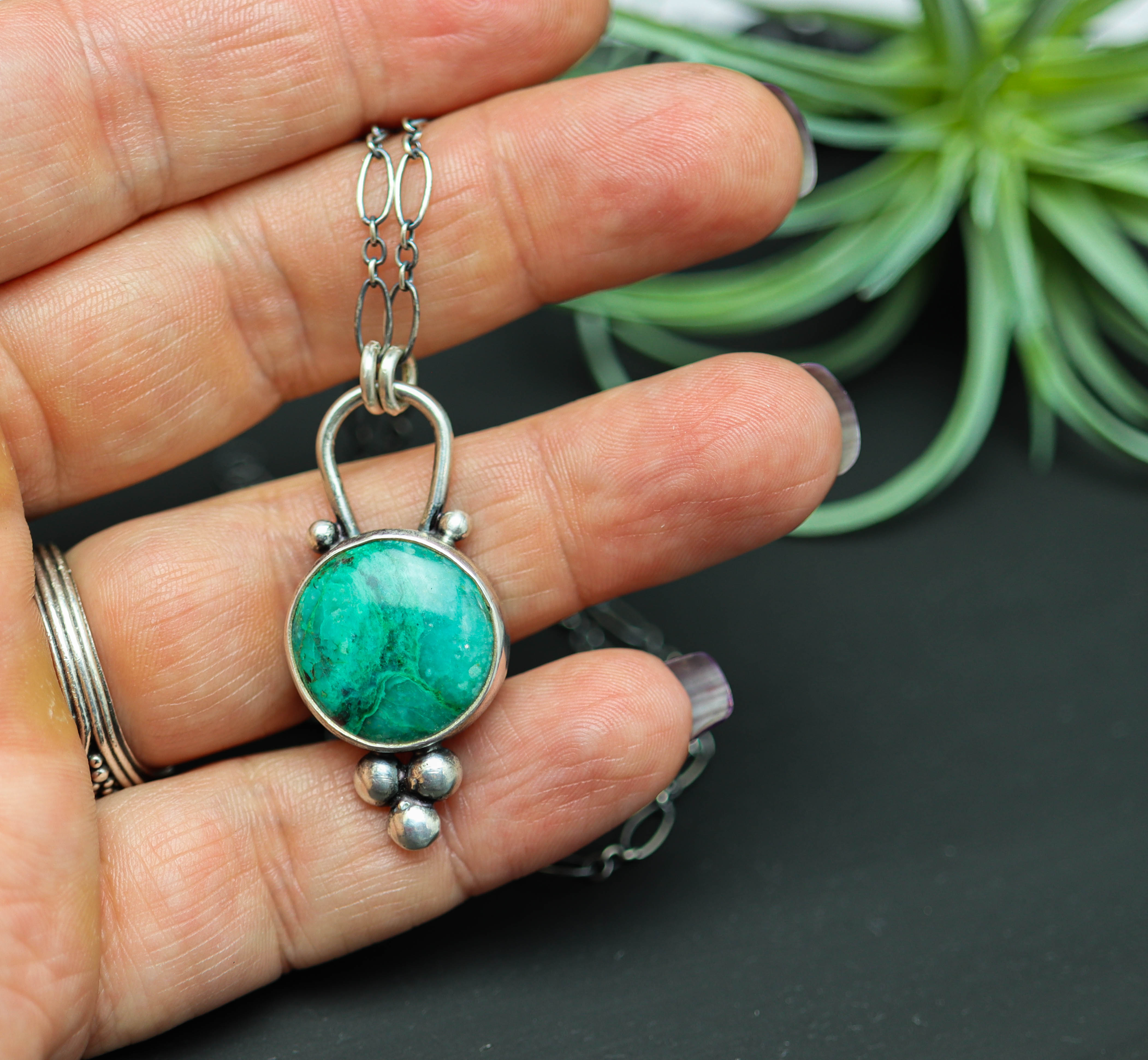 Chrysocolla in Quartz Pendant Sterling Silver One Of a Kind Gemstone Necklace