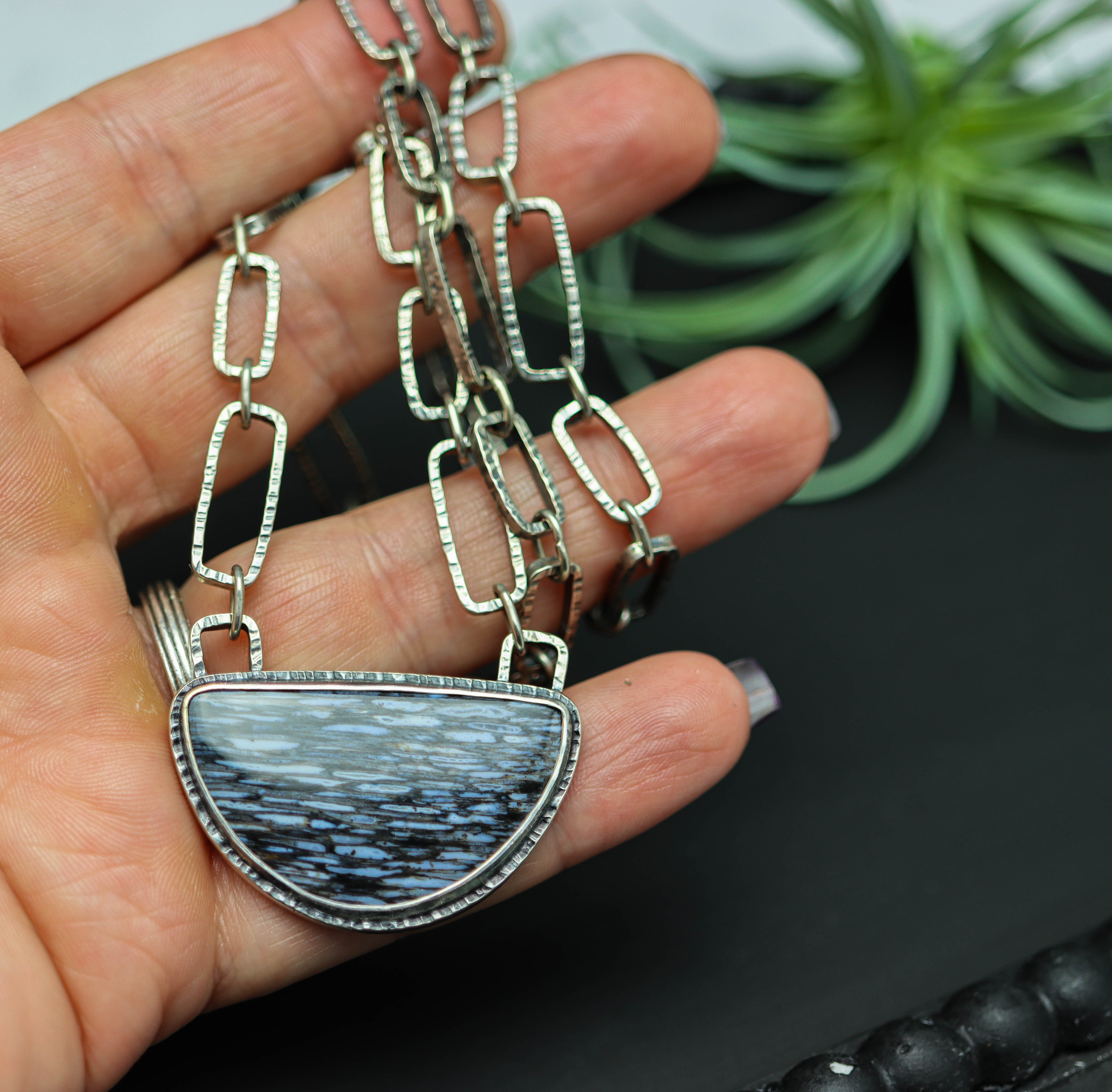 Petrified Palm Wood Necklace with Hand Forged Sterling Silver Chain