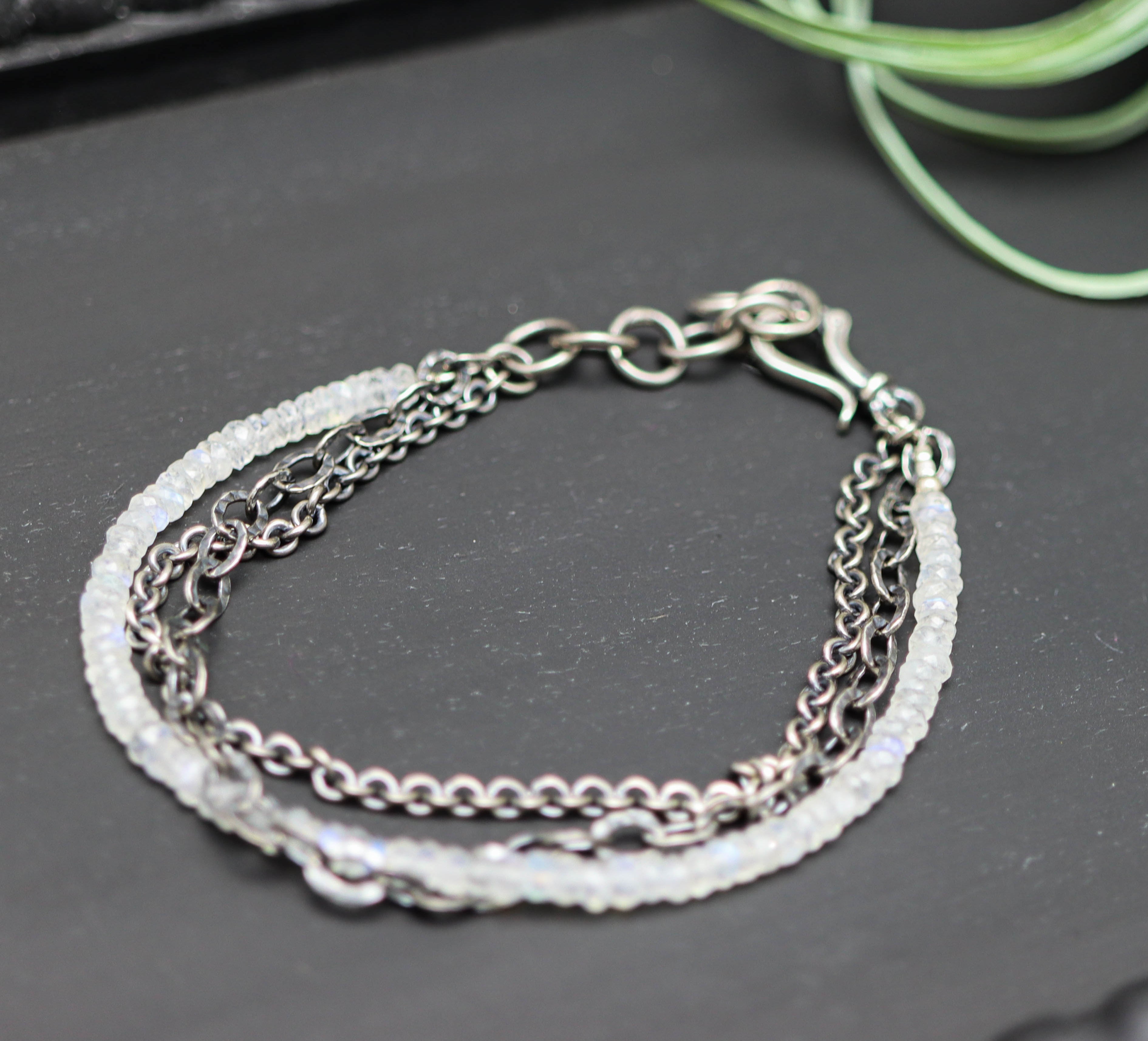 Rainbow Moonstone Multi Strand Bracelet Sterling Silver