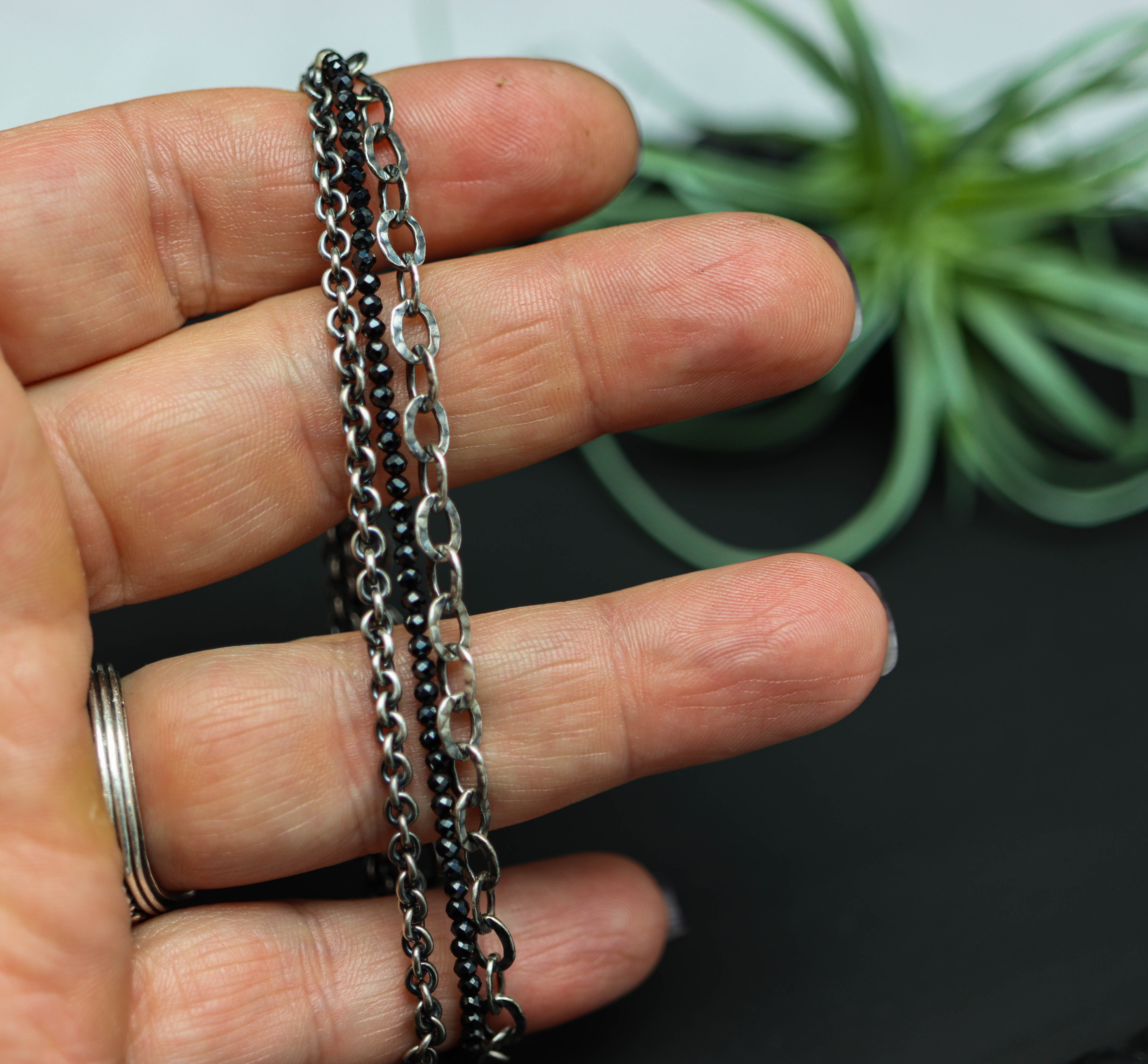 Sparkly Black Spinel Multi Strand Bracelet Sterling Silver