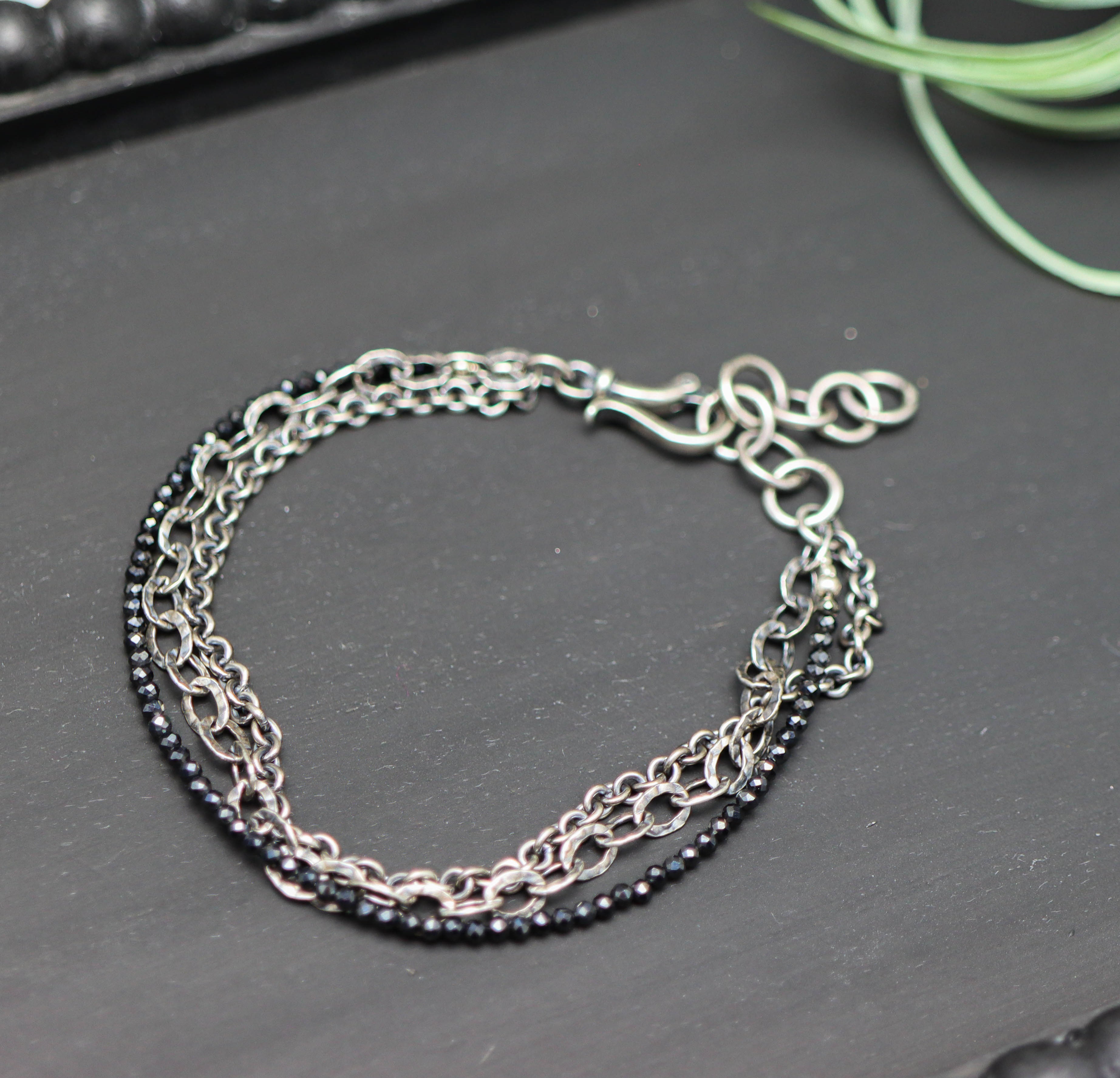 Sparkly Black Spinel Multi Strand Bracelet Sterling Silver
