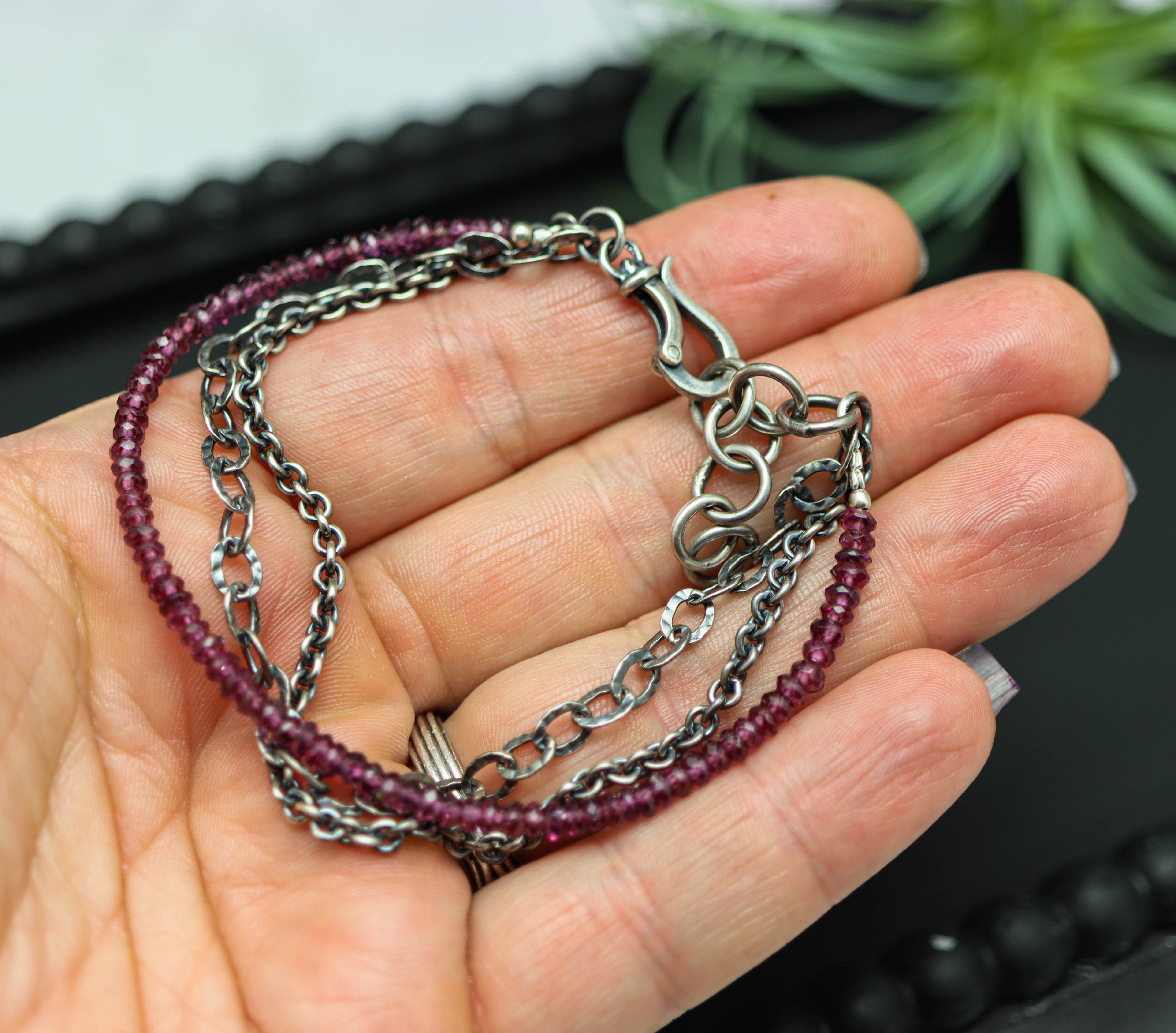 Grape Garnet Multi Strand Bracelet Sterling Silver