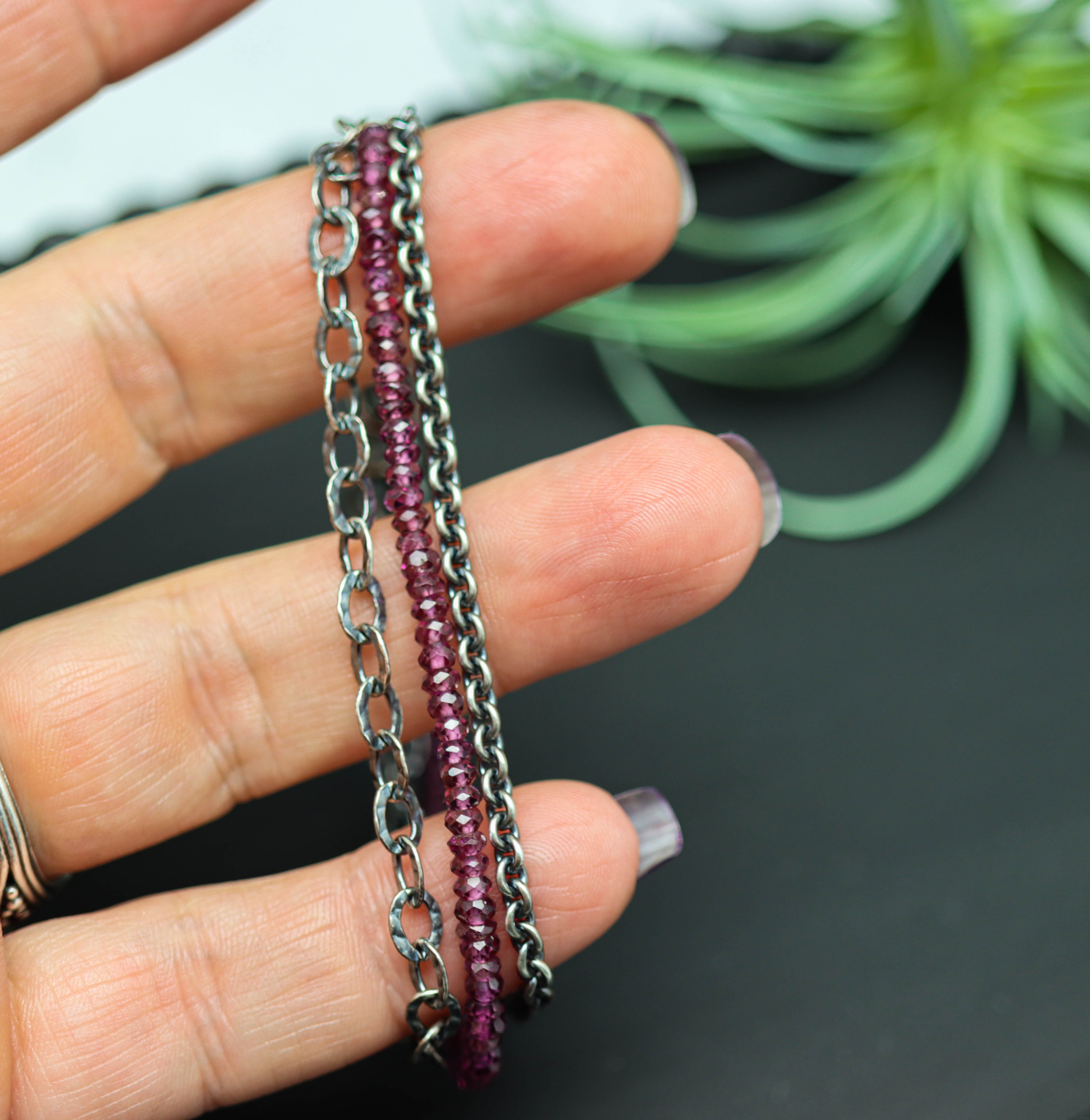 Grape Garnet Multi Strand Bracelet Sterling Silver