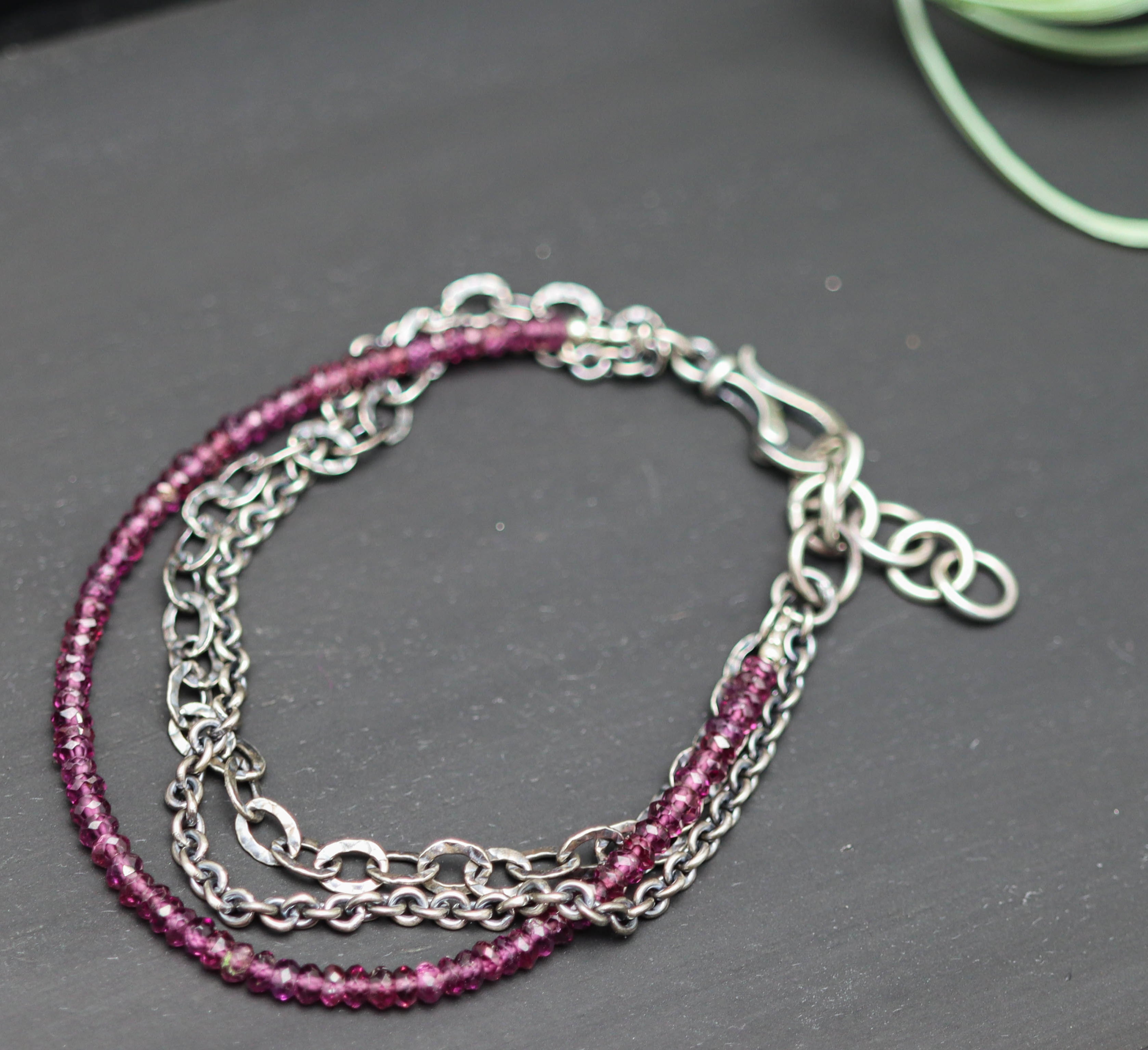 Grape Garnet Multi Strand Bracelet Sterling Silver
